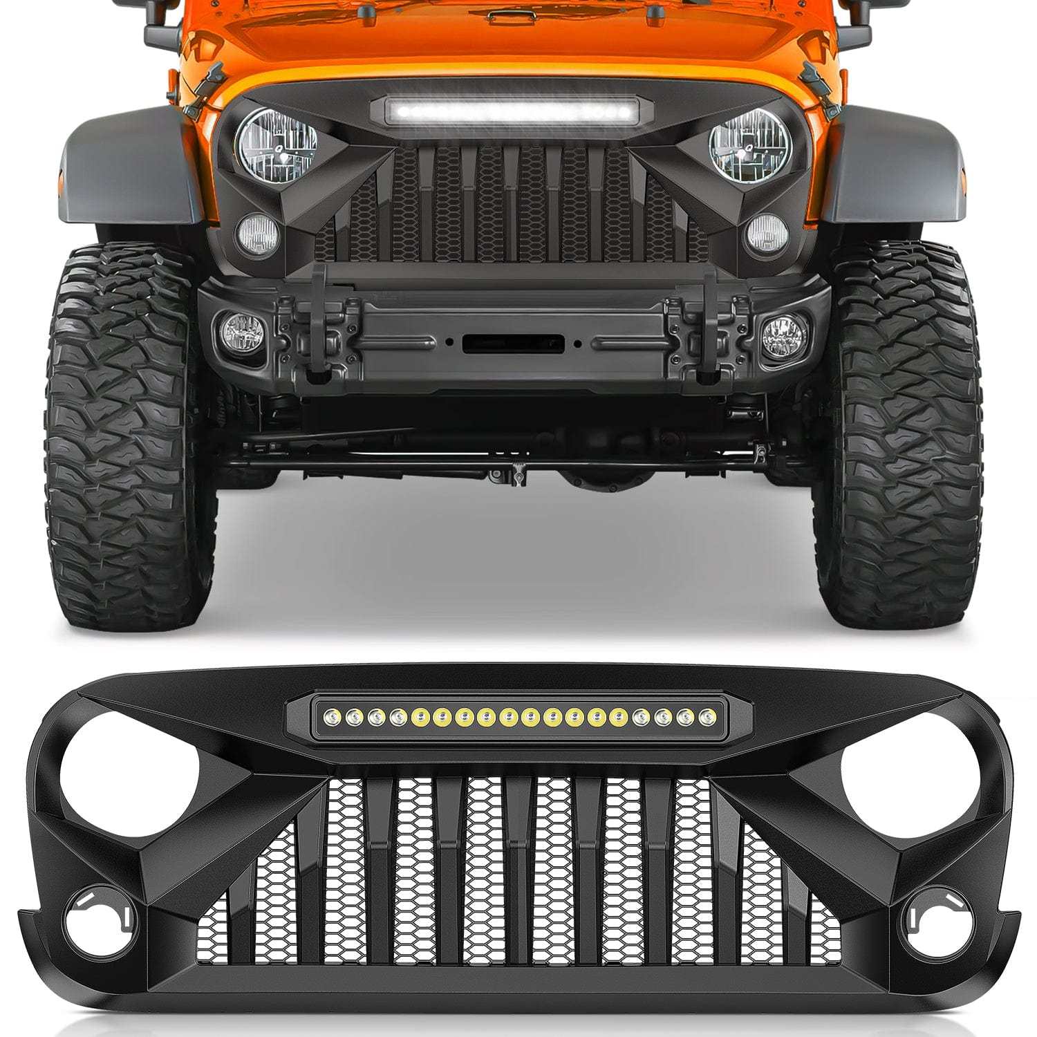 Front Bumper Grill Cover for 2007 2008 2009 2010 2011 2012 2013 2014 2015 2016 2017 2018 Wrangler JK/JKU Rubicon, & Sahara Sport with LED Work Light Pods Matte Black