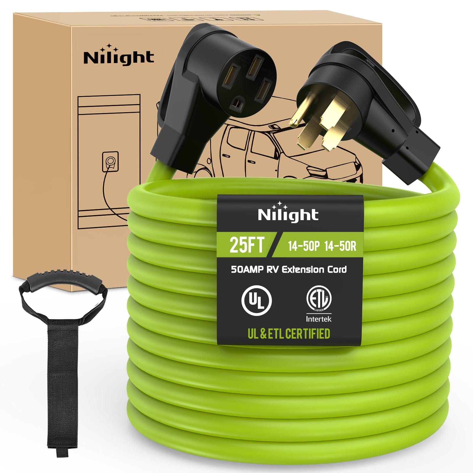 25FT 50 Amp RV Extension Cord 250V Heavy Duty 6/3+8/1 Gauge Pure Copper STW Wire UL ETL Listed 4 Prong 14-50P 14-50R Weatherproof Suit for EV Trailer Campers Bright Green