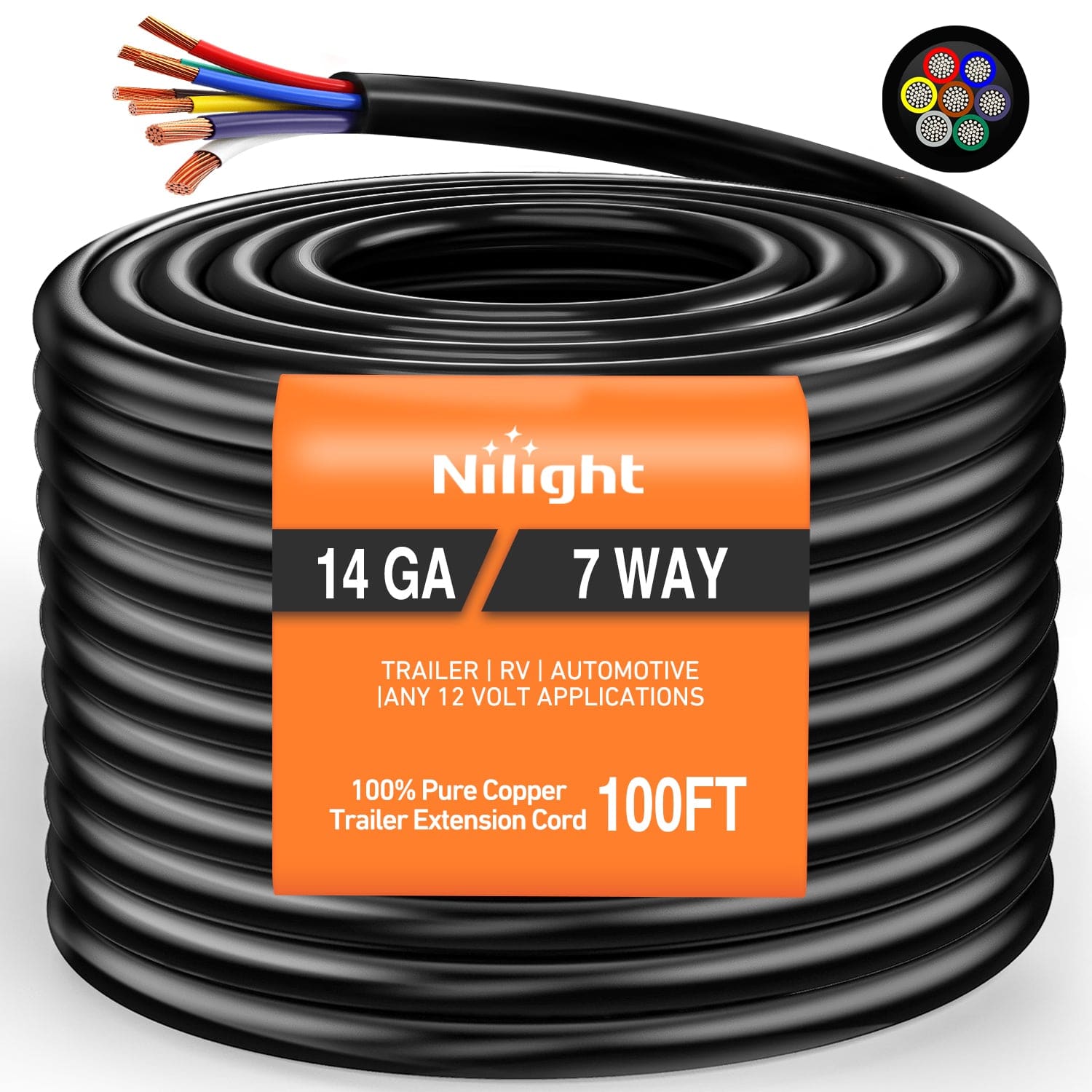 100 Feet 7 Way Trailer Extension Cable Traditional SAE 14 Gauge 7 Conductor 100% Pure Copper Wire Insulated Heavy Duty Cord Weatherproof for 7 Pin Blade RV Automotive