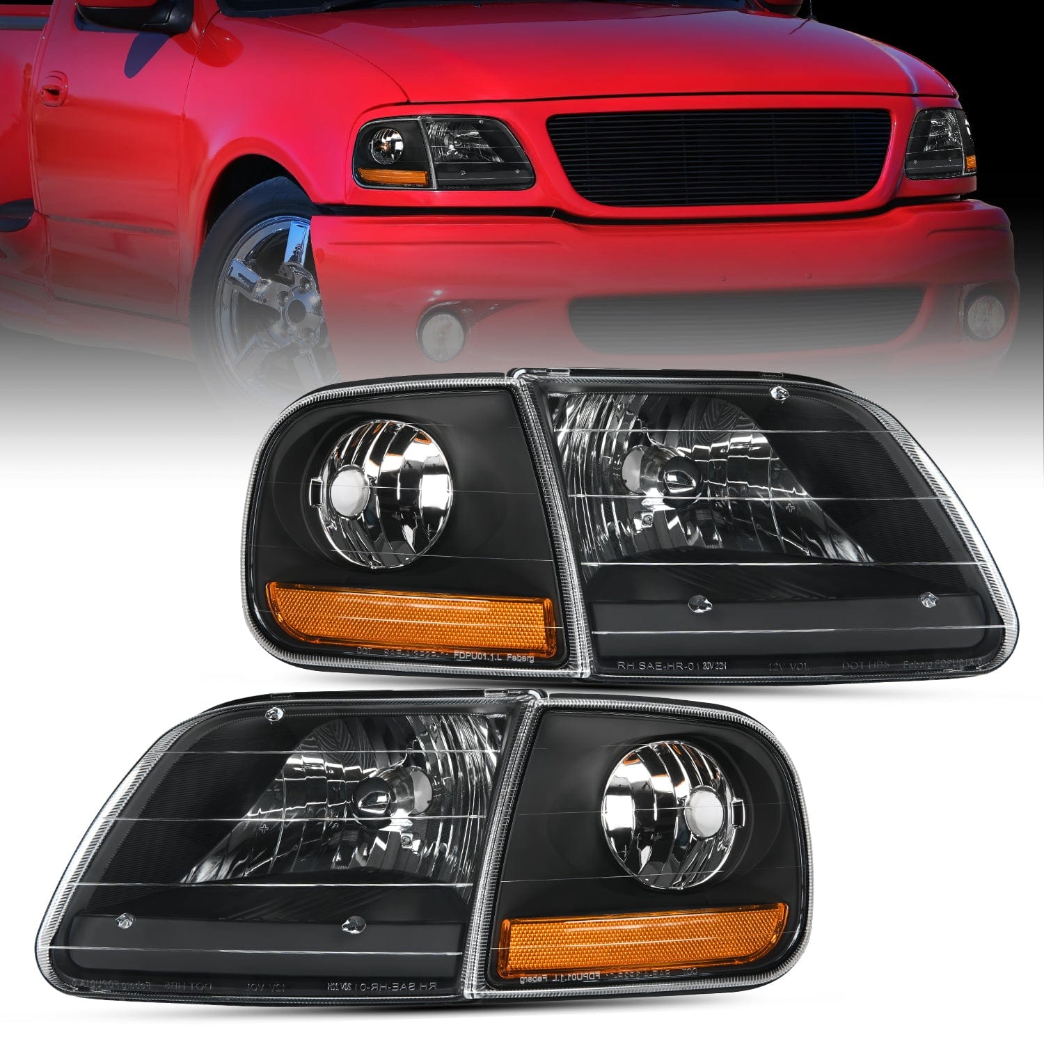 1997 1998 1999 2000 2001 2002 2003 Ford F150 Headlight Assembly Expedition Black Housing Amber Reflector
