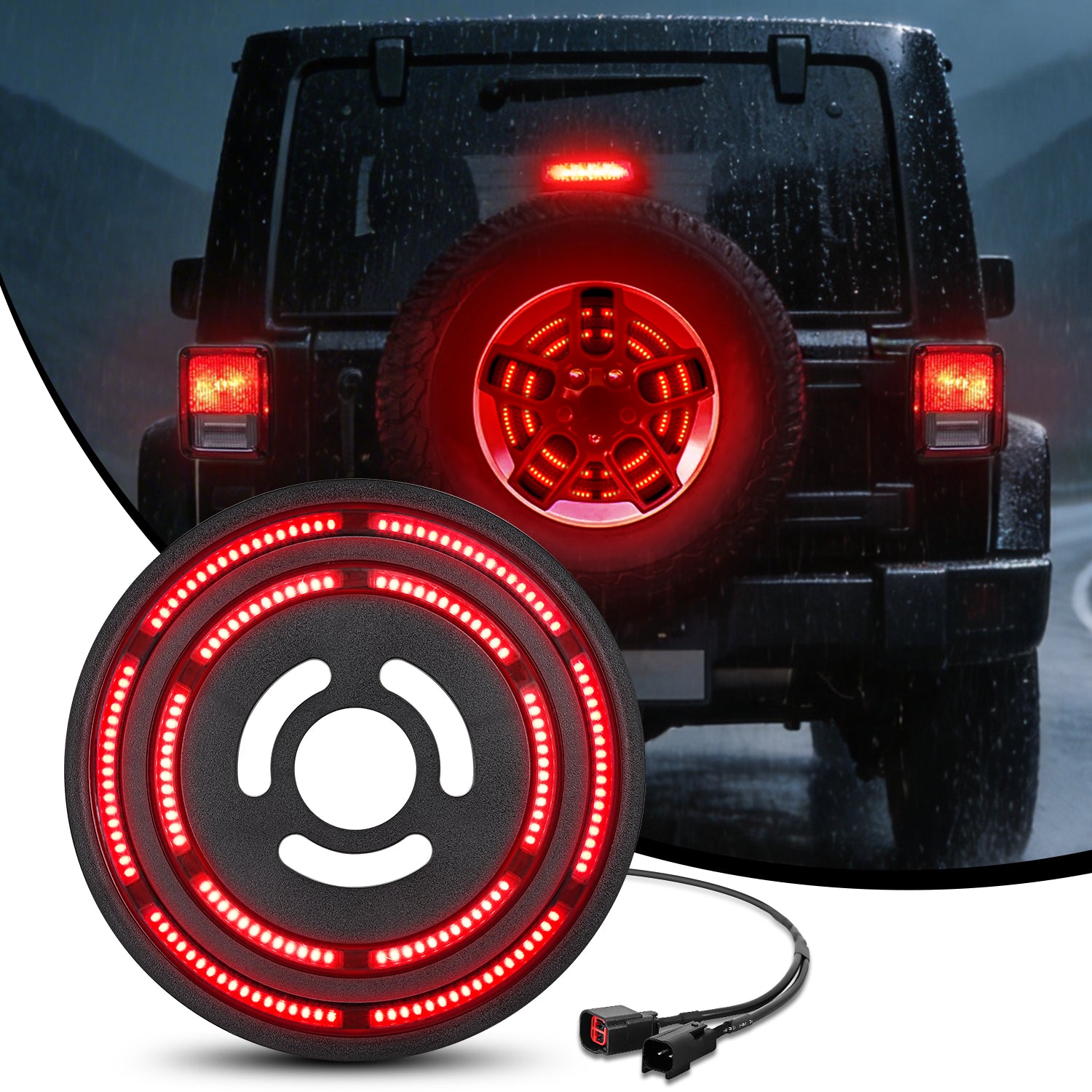 Spare Tire Brake Light Red Double Row LED Ring 3rd Third Stop Rear Wheel Lights Plug and Play Fit for 2007-2017 Jeep Wrangler JK JKU