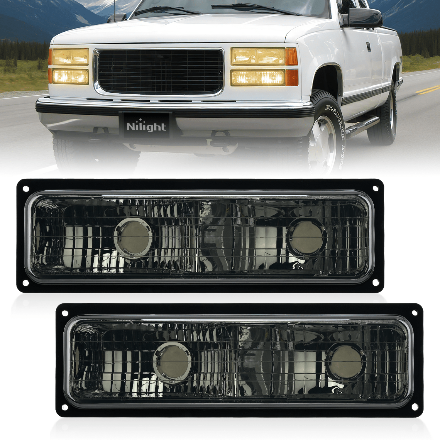 Headlight Assembly Compatible with 1988 1989 1990 1991 1992 1993 1994 1995 1996 1997 1998 Chevrolet GMC C10 C/K 1988-1999 Silverado Suburban Sierra Blazer Tahoe Yukon Smoke Lens Bumper Lights