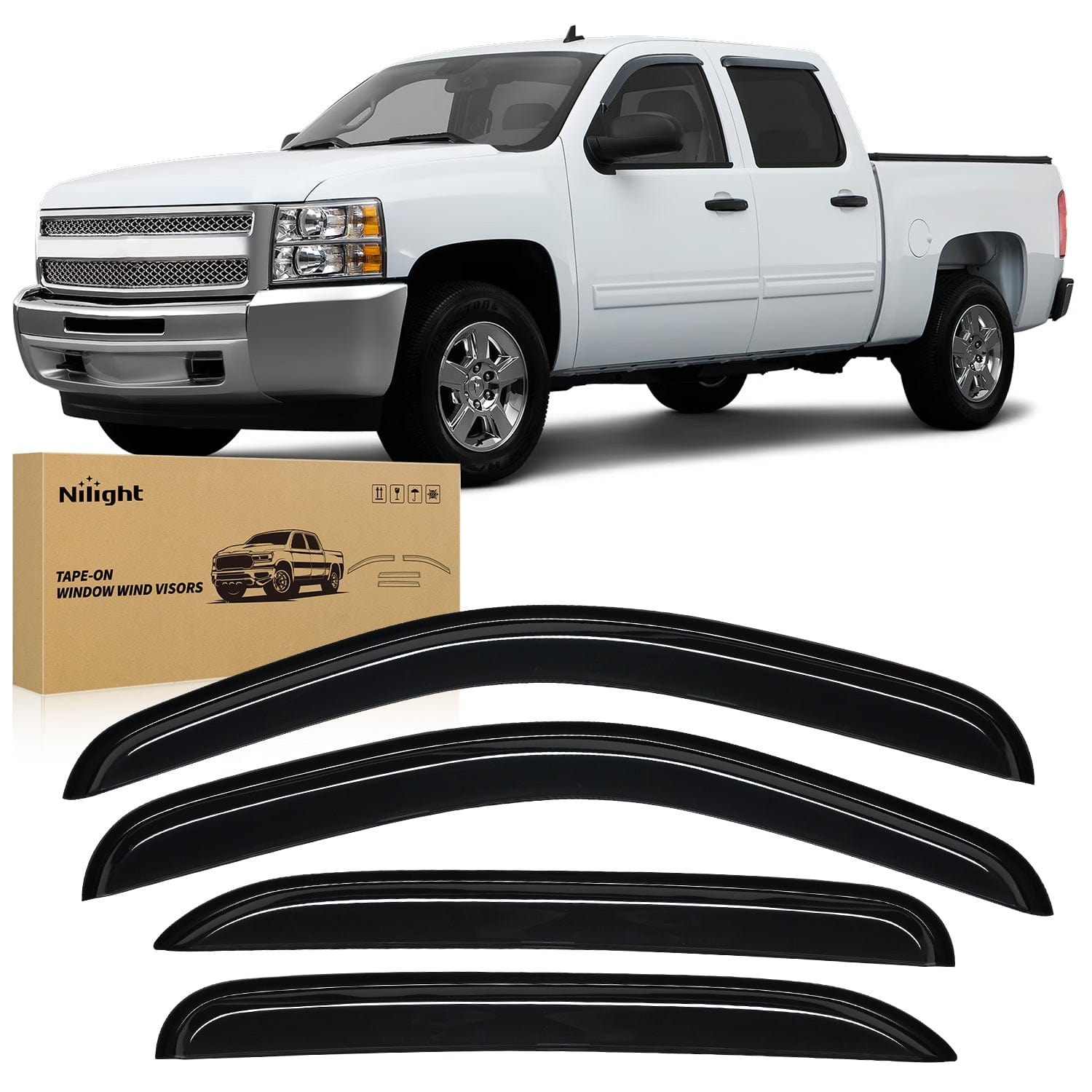 Tape-On Rain Guards for Chevy Silverado 1500 Crew Cab 2007 2008 2009 2010 2011 2012 2013, Window Visors Vent Wind Deflectors-4PCS