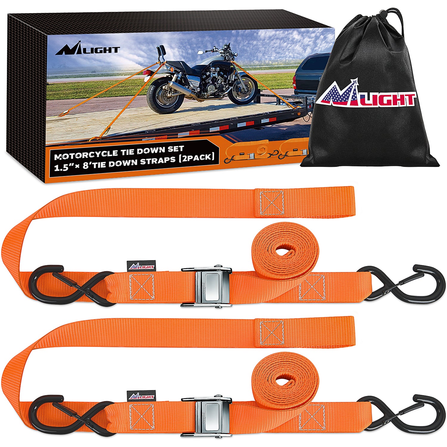 Motorcycle Tie Down Straps 1.5Inch×8Inch Heavy Duty Cambuckle with Soft Loops Safety S-Hooks 3084Lbs Break Strength for Securing Dirtbikes ATV UTV