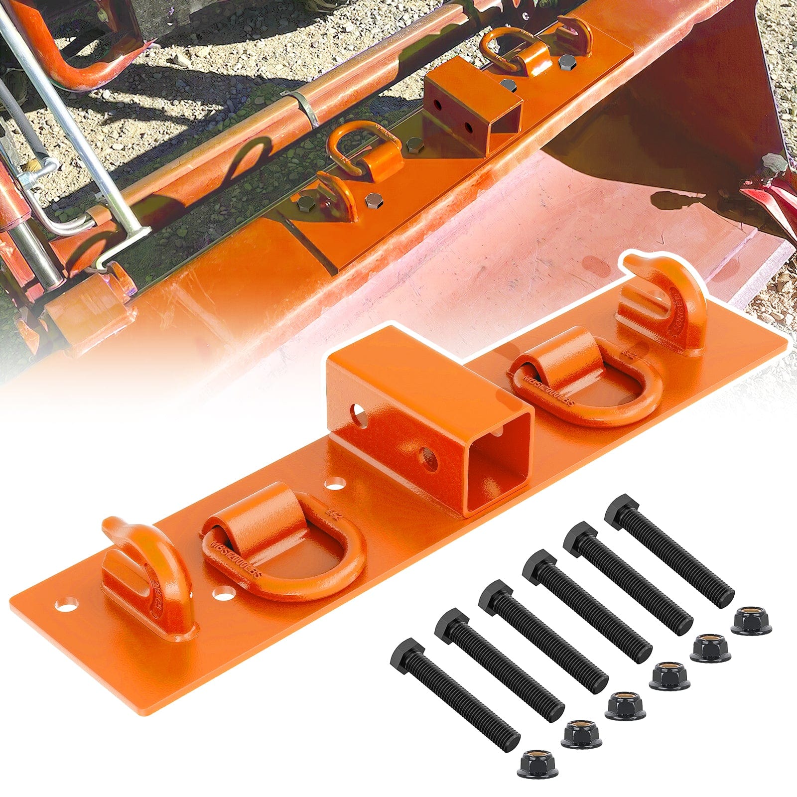3/8Inch Tractor Bucket Grab Hooks with 1/2Inch Tie Down Ring and 2Inch Receiver Grade 70 Forged Steel Bolt-On for John Deere Compact Tractor Bucket RV UTV Truck Max 4700LBS, Orange