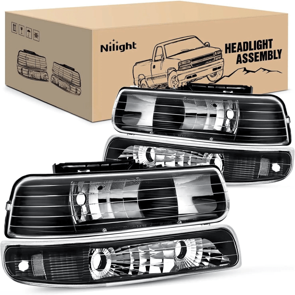 Headlight Assembly for 1999 2000 2001 2002 Chevy Silverado Avalanche 1500 1500HD 2500 2500HD 3500 Chevrolet Tahoe Suburban Replacement Headlamp Housing Bumper Lights Set