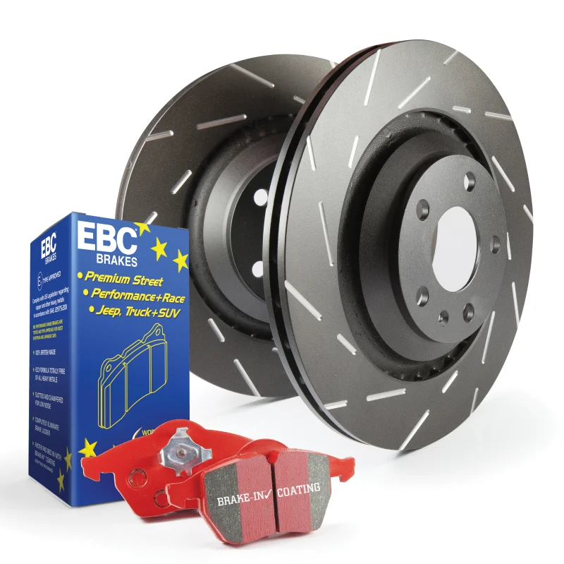 Jaguar XJ Brake Pads and Rotors – Front – Slotted – EBC – Redstuff – ’06 – ’19