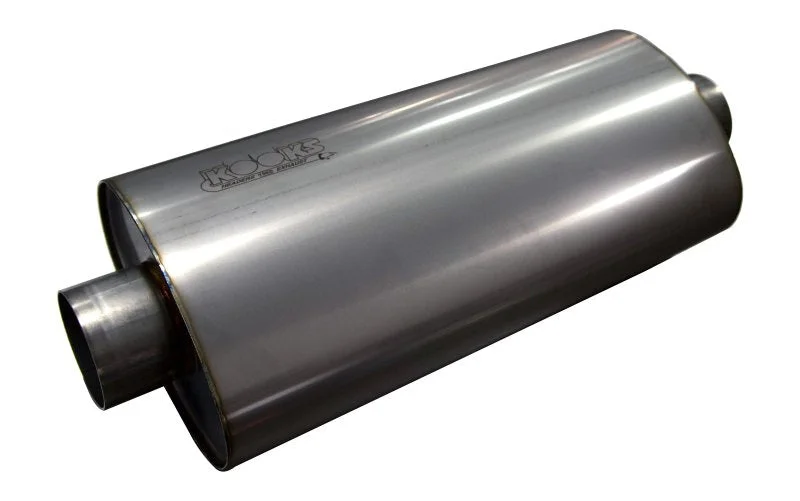 3″ Oval Center/Center Muffler 18″ Long Body. Polished Stainless Steel.