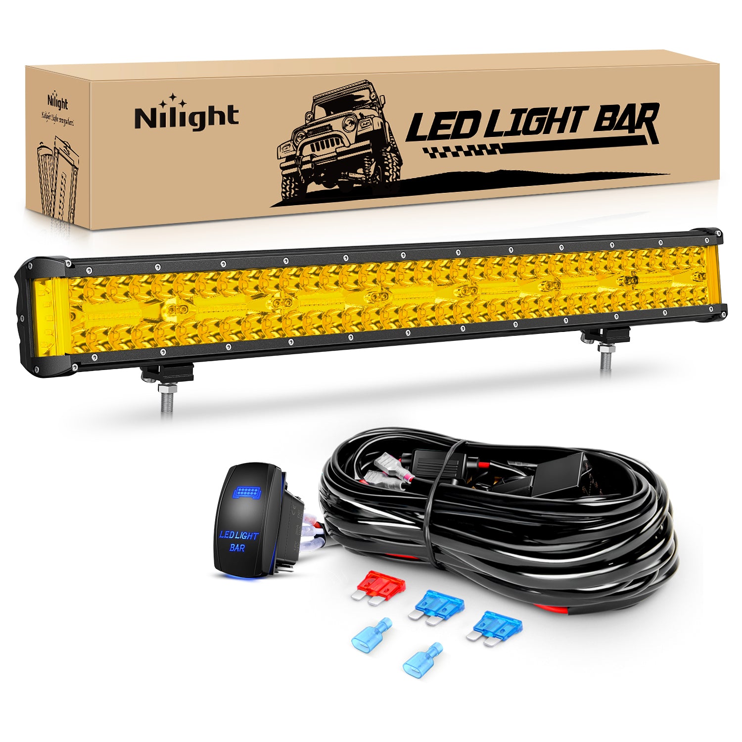 Side Shooter LED Light Bar 20 Inch Triple Row Spot Flood Combo Yellow Beam Lighting with 5Pin Rocker Switch Wiring Harness Kit for Off-Road Light on Truck SUV ATV UTV