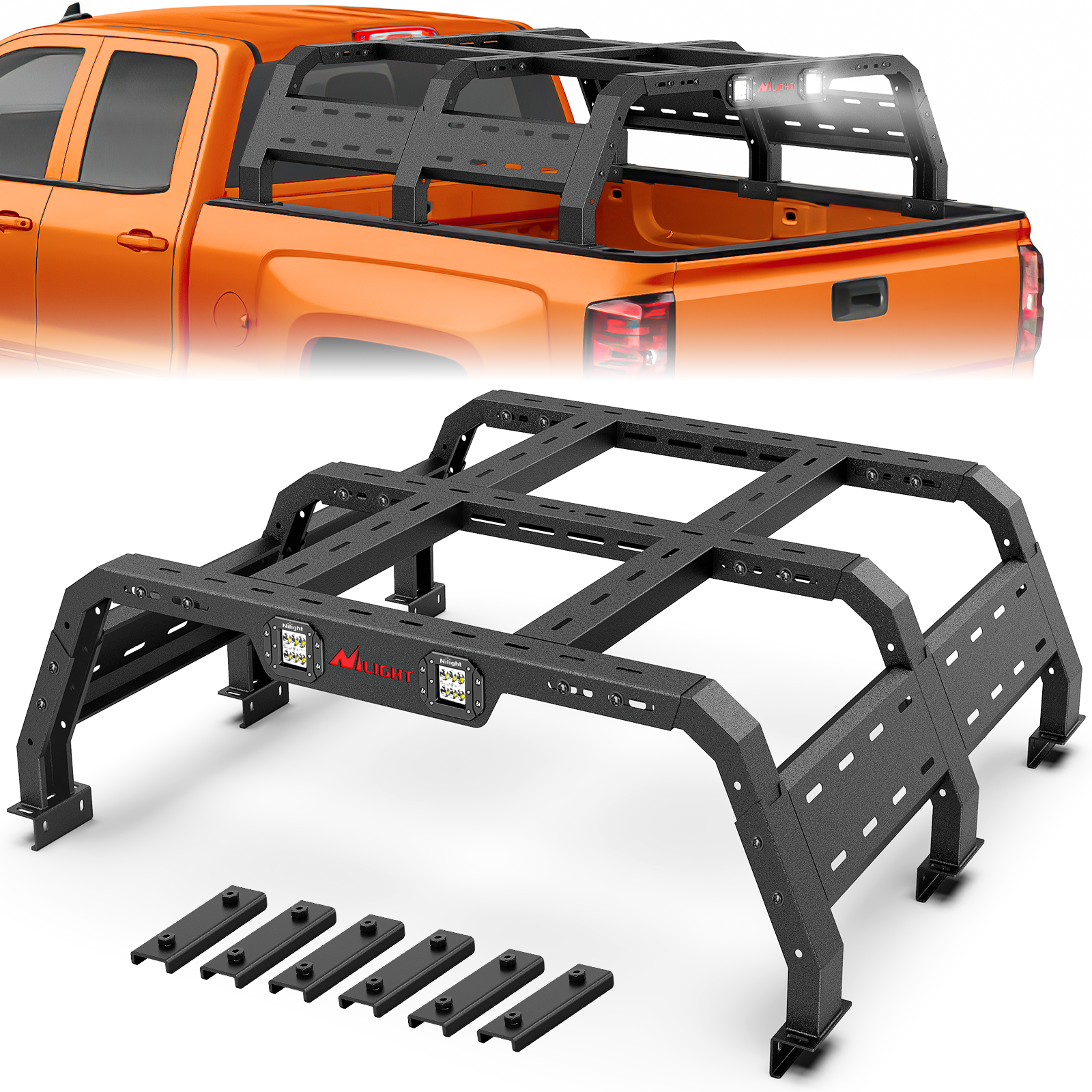 Truck Bed Cargo Rack Compatible with 2002-2024 Dodge Ram 1500 2014-2024 Chevy Silverado 1500 2009-2024 Ford F150 2007-2013 Toyota Tundra Overland Extender with 2Pcs LED Light Pods