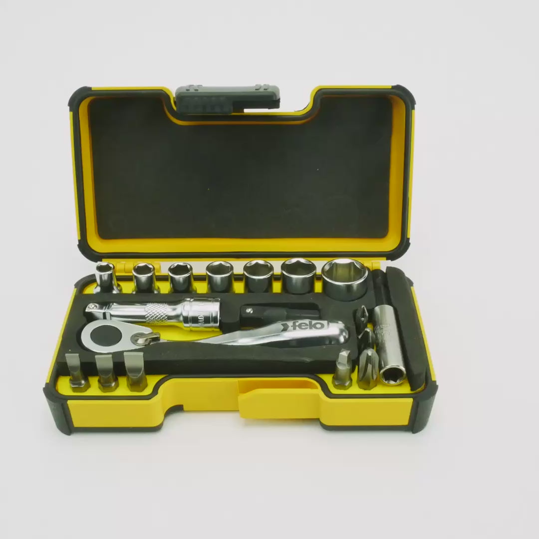 Felo XS 18pc Box Sockets, Bits, Mini Ratchet, Bitholder, INCH