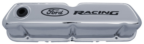 Proform 302-071 Chrome Steel Valve Covers - SBF - Tall - Black Ford Racing Logo