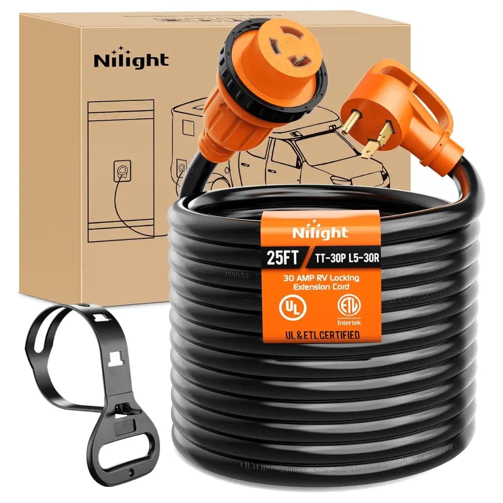 Nilight 30 Amp 25FT RV Locking Extension Cord 125V Heavy Duty 10 Gauge Pure Copper STW Wire ETL Listed 3 Prong TT-30P L5-30R 30F/30M Weatherproof Suit for Camper Trailer