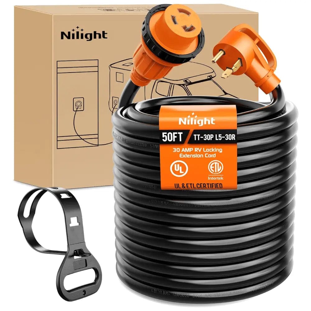 30 Amp 50FT RV Locking Extension Cord 125V Heavy Duty 10 Gauge Pure Copper STW Wire ETL Listed 3 Prong TT-30P L5-30R 30F/30M Weatherproof Suit for Camper Trailer