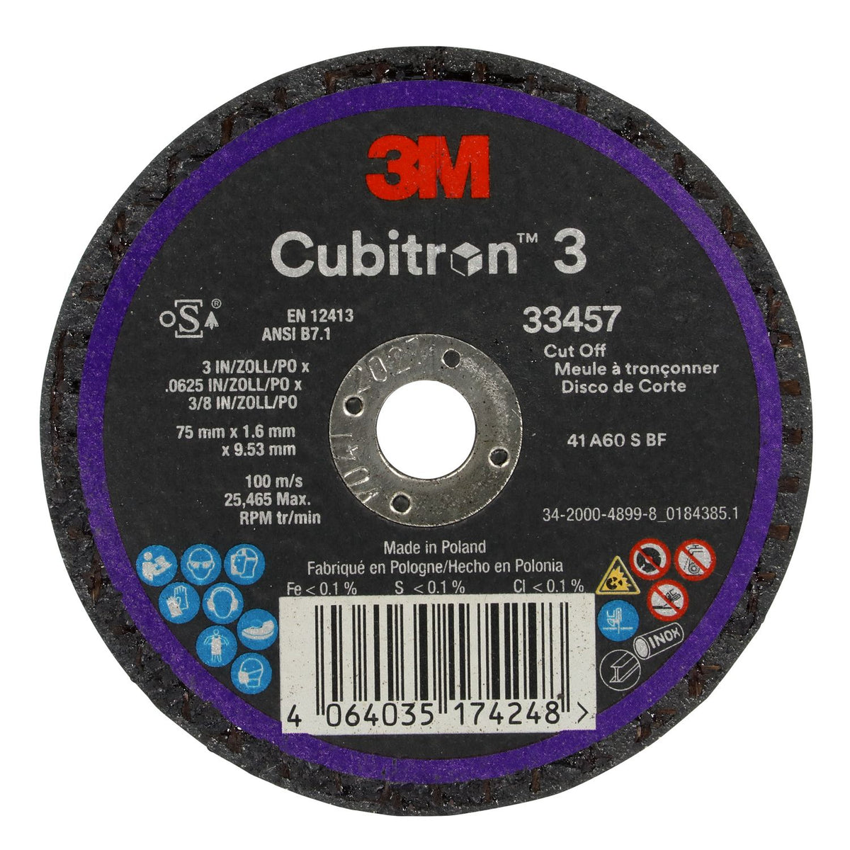 3M Cubitron 3 Cut-Off Wheel 33457, 75 mm x 1.6 mm x 9.53 mm (3" x .0625" x 3/8 i