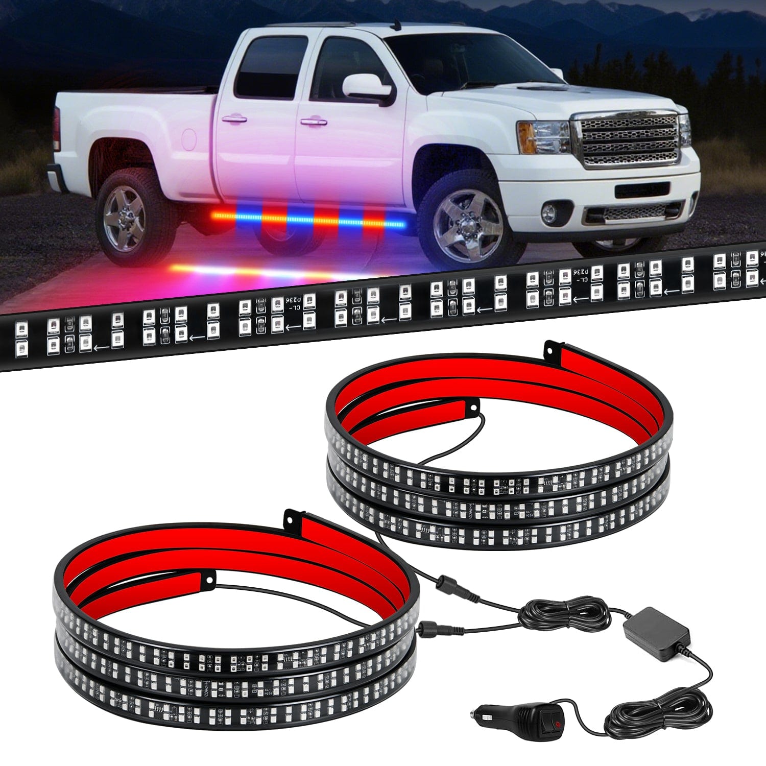 2PCS 70 Inch Emergency Strobe Light Strip with Controller 864 LED Red Blue Running Board Lights Flexible Side Flashing Warning Caution Safety Waterproof for Truck Construction Pickup