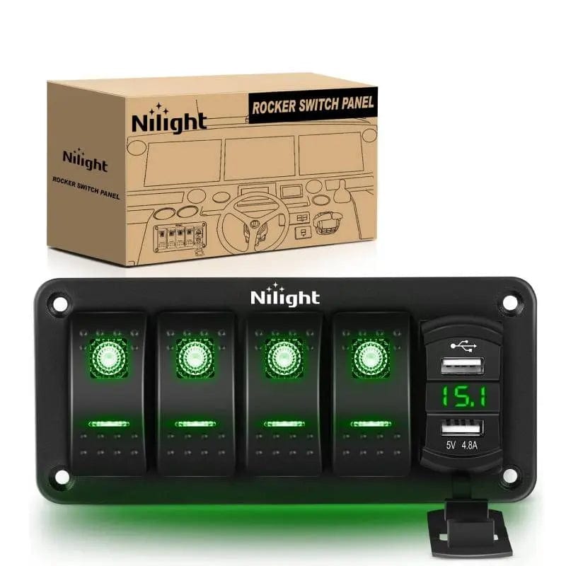 4Gang Aluminum 5Pin ON/Off Green Rocker Switch Panel w/ 4.8 Amp Dual USB Charger Voltmeter