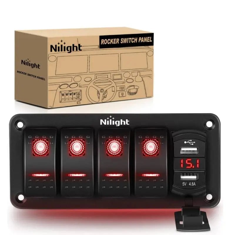 4Gang Aluminum 5Pin ON/Off Red Rocker Switch Panel w/ 4.8 Amp Dual USB Charger Voltmeter