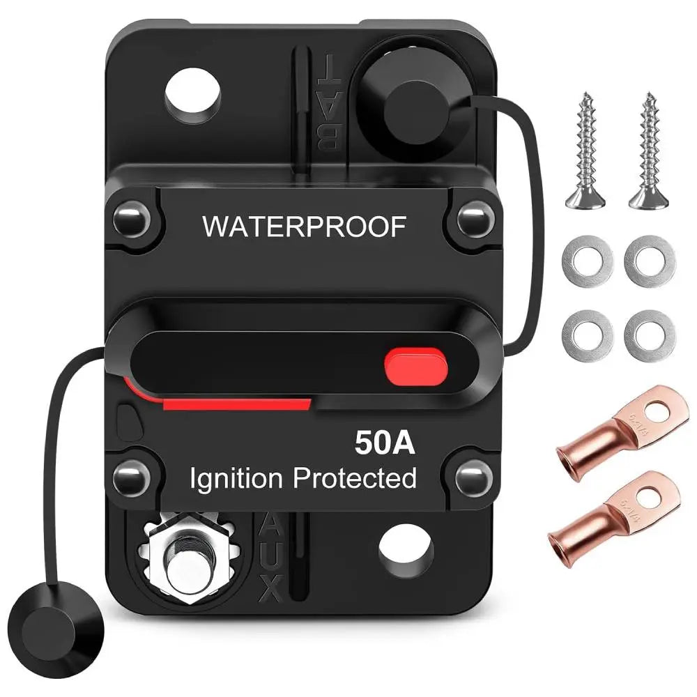 50A Circuit Breaker Resettable 12-48V DC Manual Reset w/Copper Wire Lugs Surface Mount Overload Protection