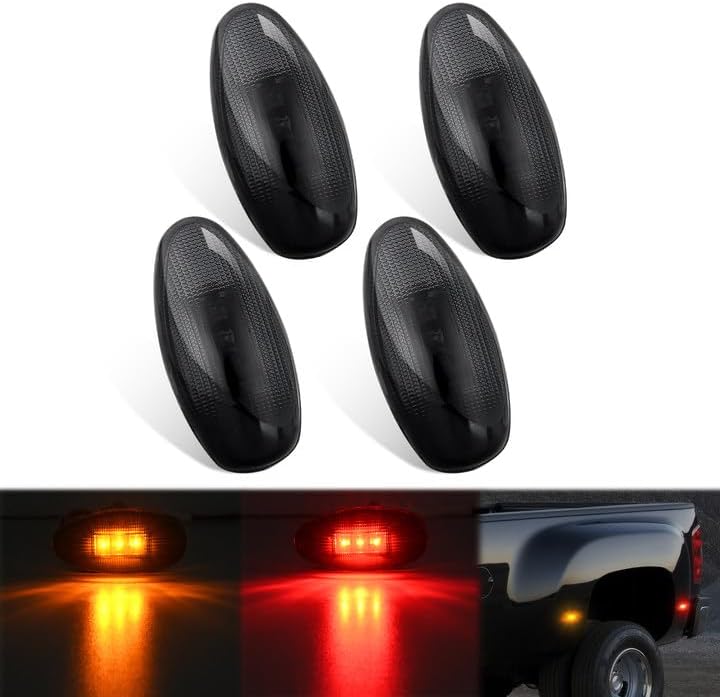 Fender Side Marker Lights 4 PCS 3 LED Smoke Lens Red Amber Front Rear Clearance Light Compatible with 2001-2014 Chevy Silverado GMC Sierra 1500 2500HD 3500HD Dual Wheeler Trucks