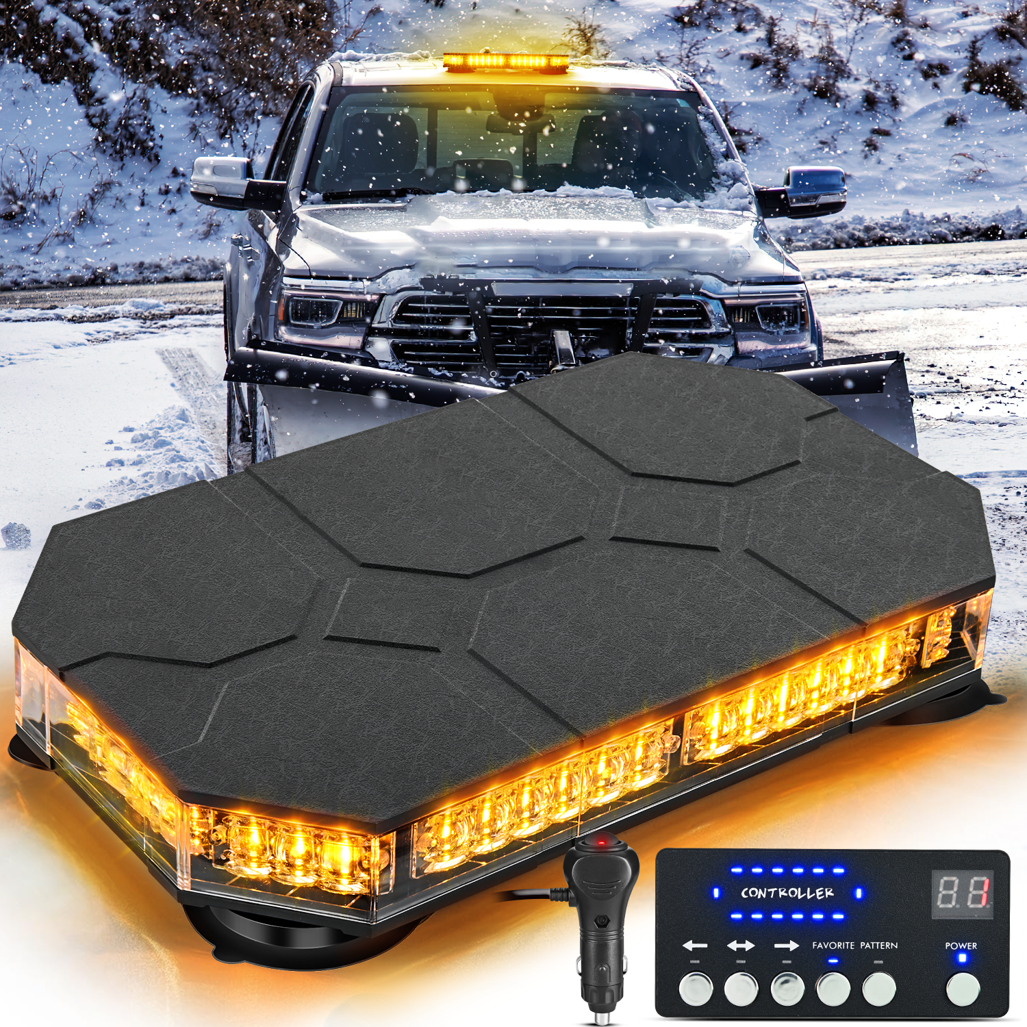 42 LED Roof Top Strobe Lights Hazard Emergency Safety Warning Flashing Light Bar w/Control Panel Magnetic Mount 12V 24V Car Truck Tractor Snow Plow Construction Vehicles