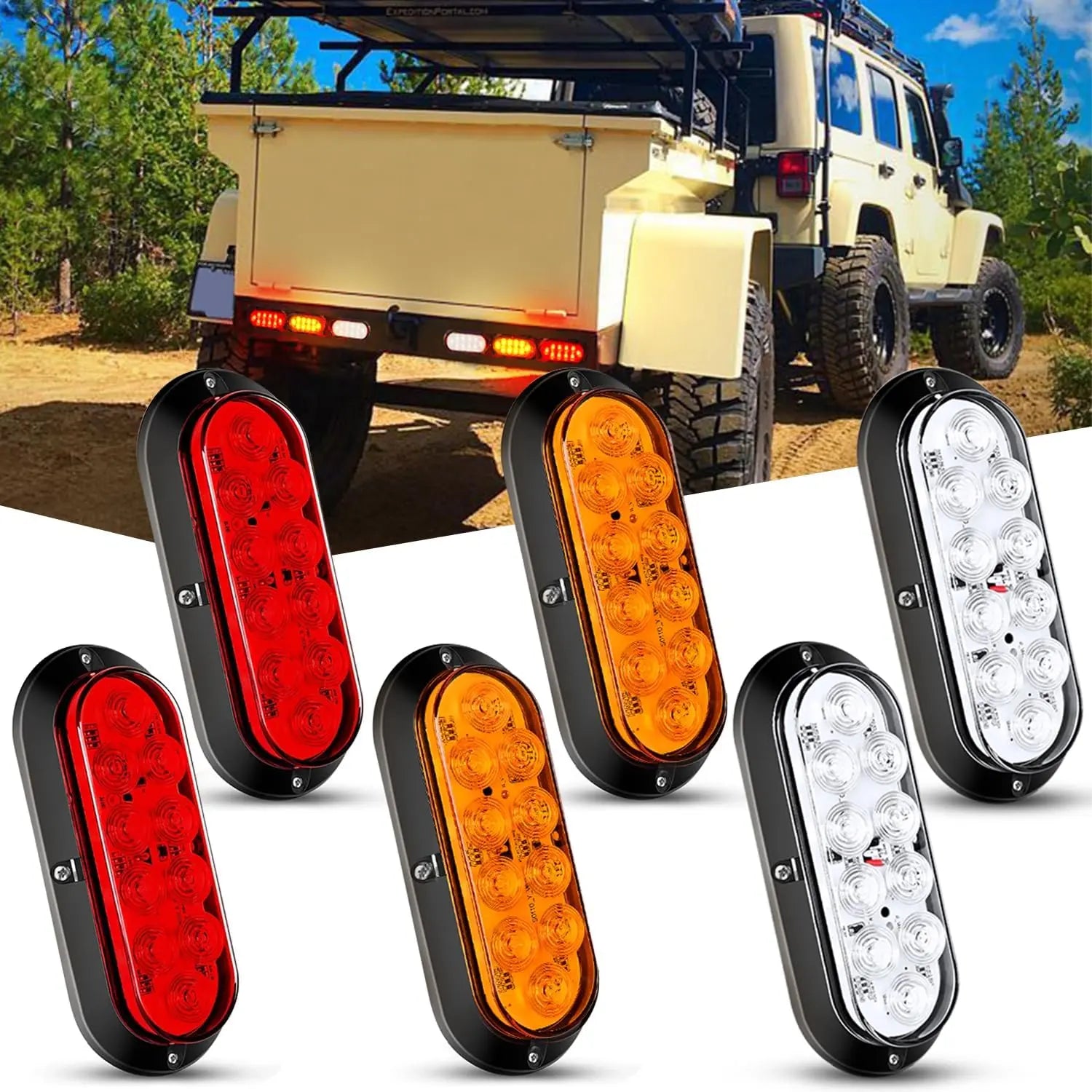 6 Inch Oval Red White Amber Upgrade LED Trailer Tail Lights (6PCS)