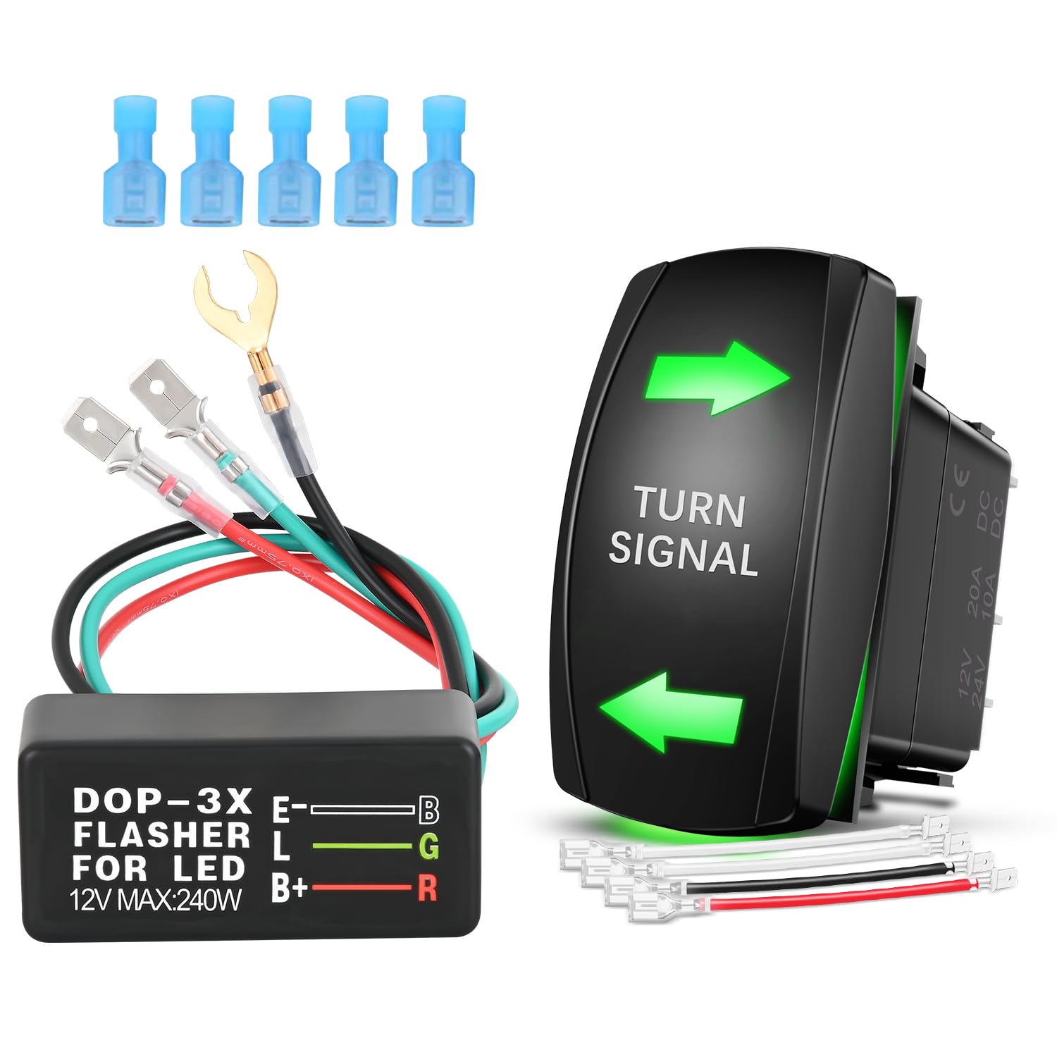 Turn Signal Switch with Flasher Relay Kit 4PIN ON Off ON Rocker Switches w/Green LED Laser Etched SPDT 12V 20A 24V 10A Jumper Wires for ATV UTV Tractor Motorcycle