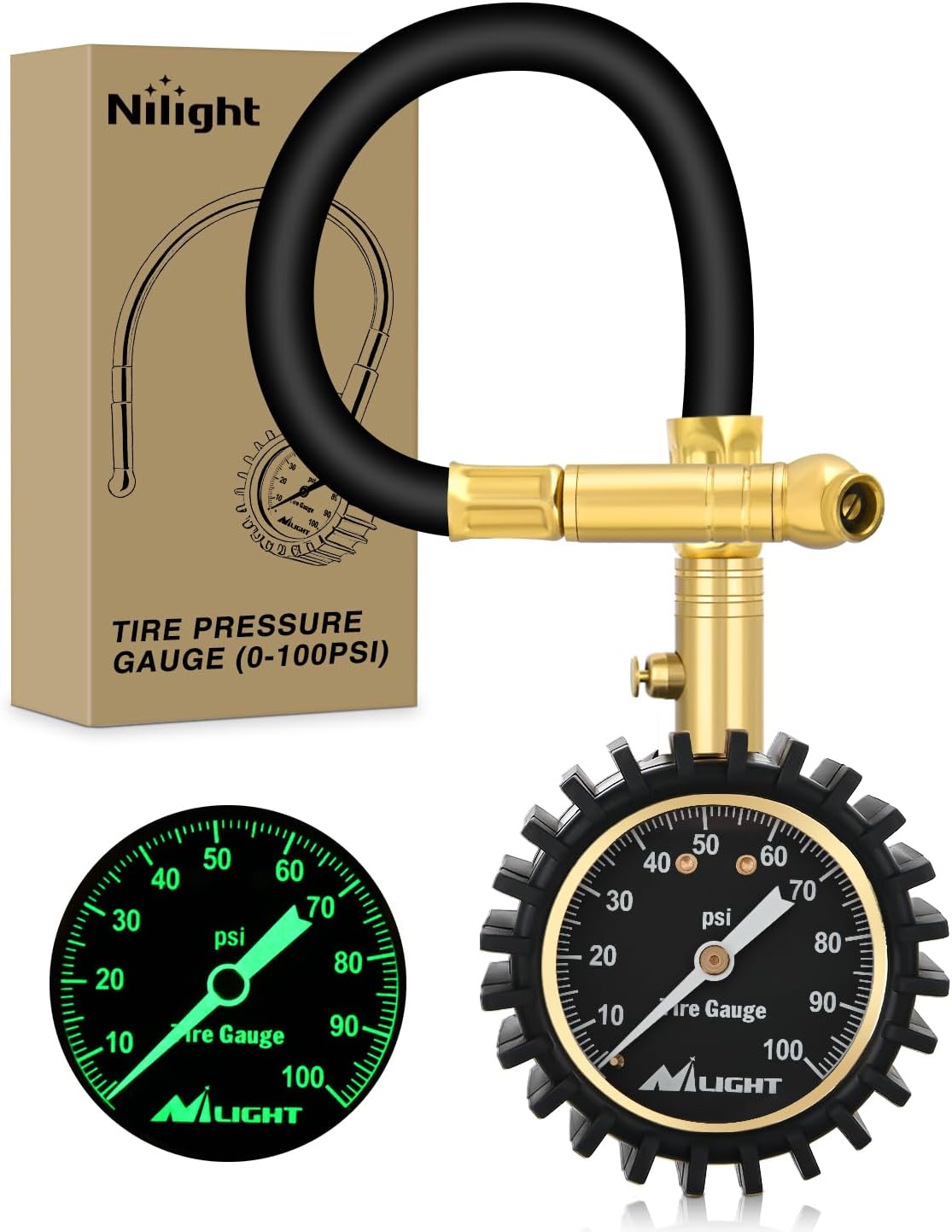 Tire Pressure Gauge 100PSI Heavy Duty Large 2 Inch Glow Dial ANSI B40.1 Certified Air Chucks Accurate Reading with Extended Hose for Truck Semi Truck ATV Motorhome Cars & RV Accessories