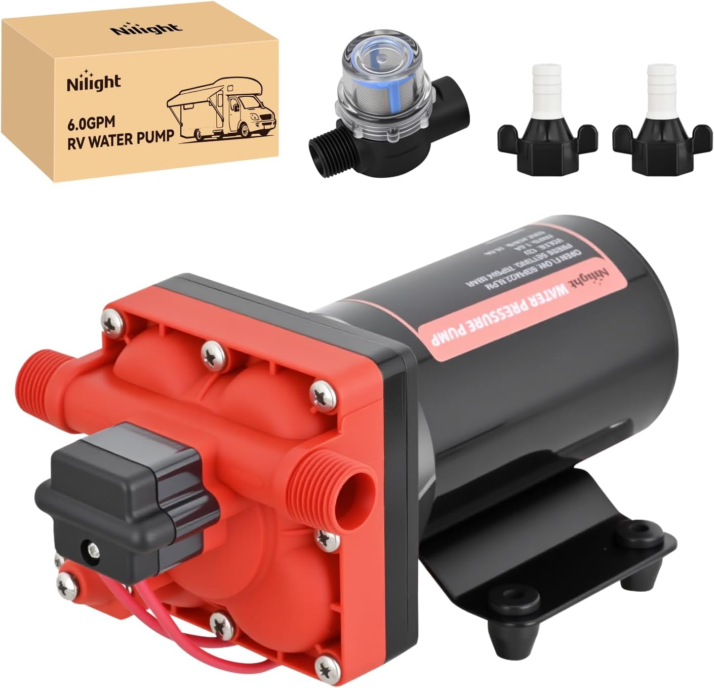 RV Water Pump 12v Diaphragm Pump 6.0 GPM 70 PSI with Pressure Switch & Strainer 12 Volt DC Heavy Duty Camper RV Pump Upgrade Self-Priming Low Noice for RV Marine Yacht Caravan Camper Trailer