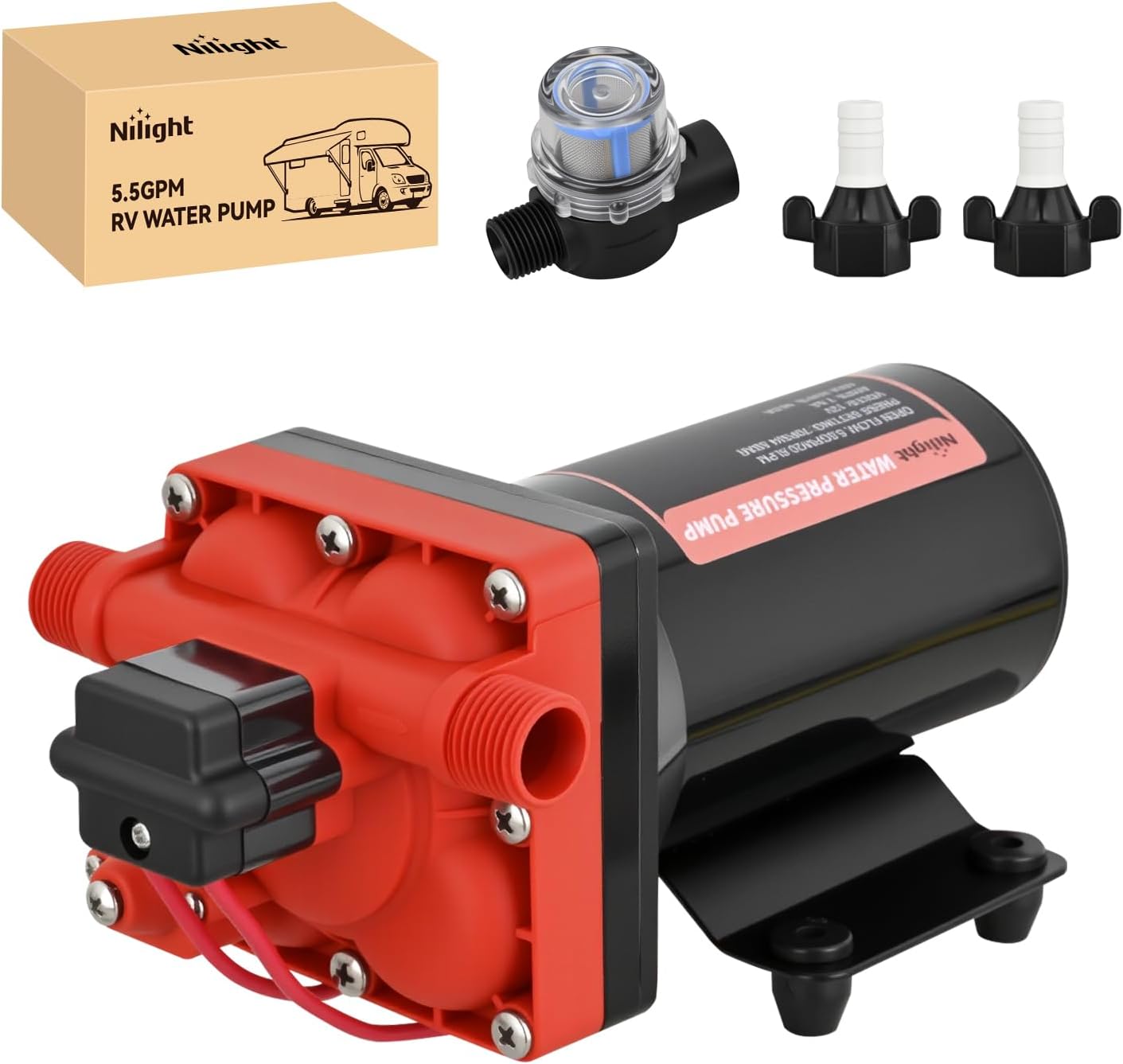 RV Water Pump 12v Camper Water Pump 5.5 GPM 70 PSI with Pressure Switch& Strainer Heavy Duty Diaphragm Pump 12 Volt DC Upgrade Self-Priming Low Noice for RV Camper Marine Yacht Caravan Trailer
