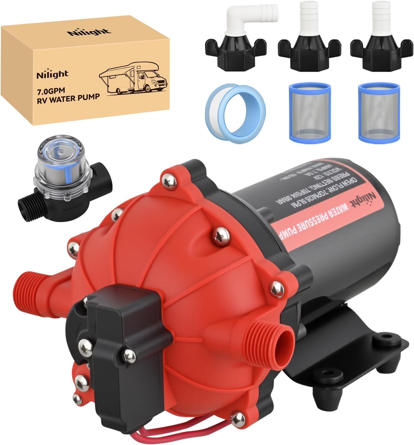 RV Water Pump 12v Camper Water Pump 7.0 GPM 70 PSI with Pressure Switch Strainer Heavy Duty Diaphragm Pump 12 Volt DC Upgrade Self-Priming Low Noice for RV Marine Yacht Caravan Camper Trailer