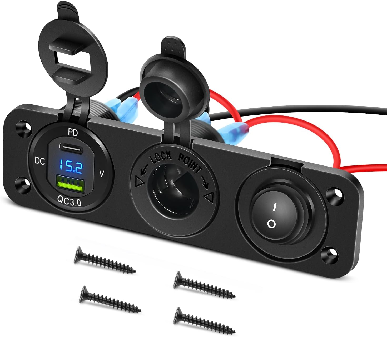 4 in 1 Charger Socket Panel PD Type C and QC 3.0 USB with LED Voltmeter Display and Cigarette Lighter Power Cutoff Switch for Cars Trucks UTV ATV