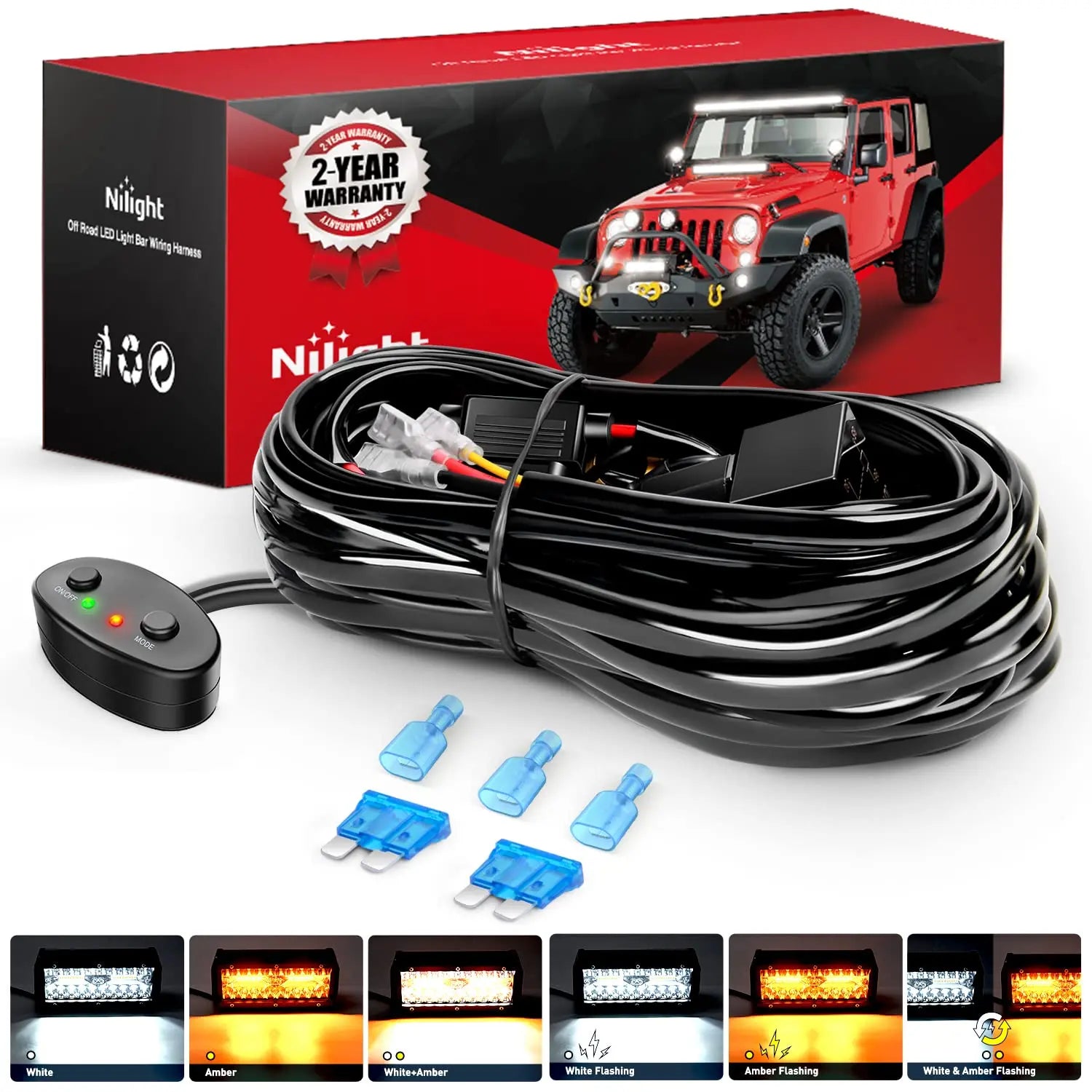 16AWG Amber White Light Bar Wire Harness Kit 1 Lead W/ 12V On Off Switch | 2 Fuses | 3 Spade Connectors