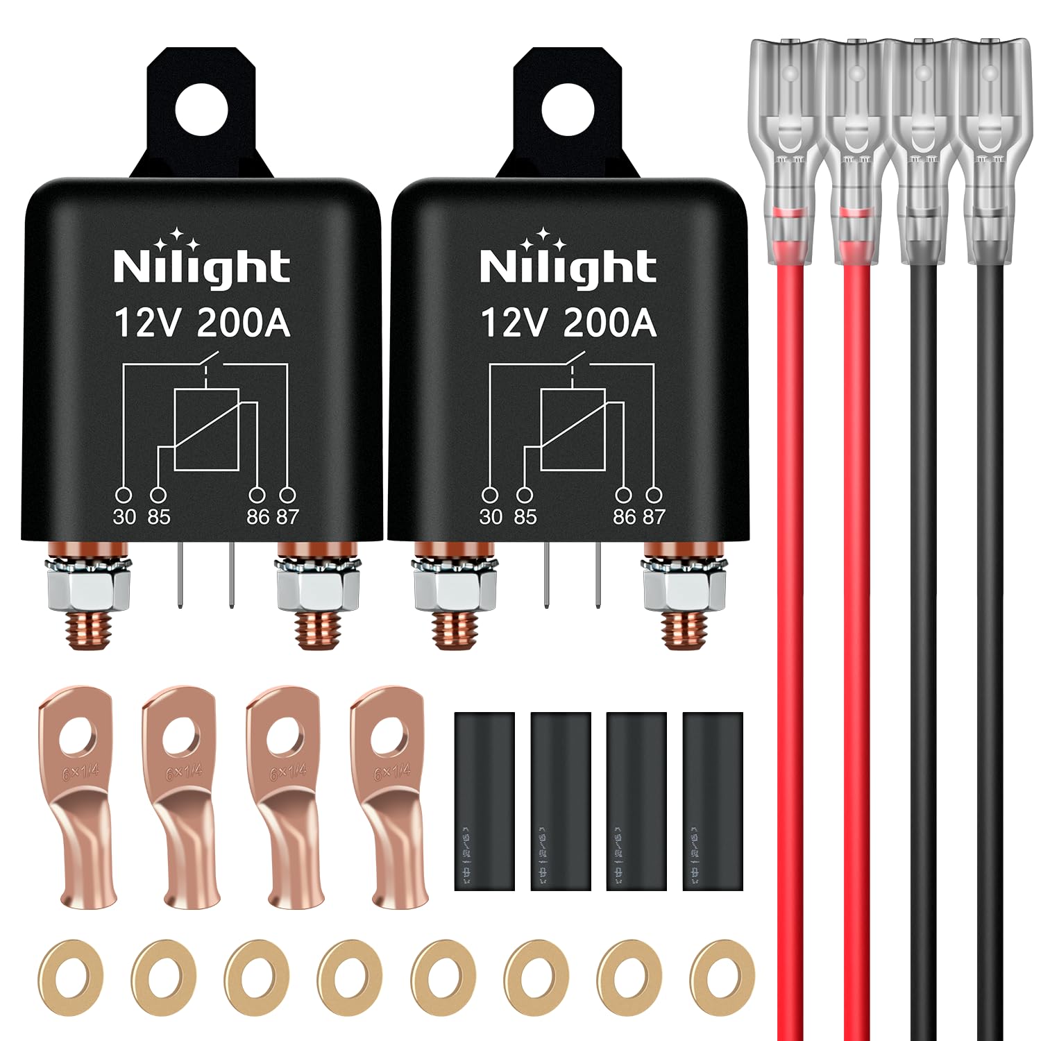 2PC 200A Starter Relay 4 Pin Split Relays Switch 12V Continuous SPST High Current 4 Terminal Car Starter Control w/Copper Wire Lugs for Automotive Car Truck Camper