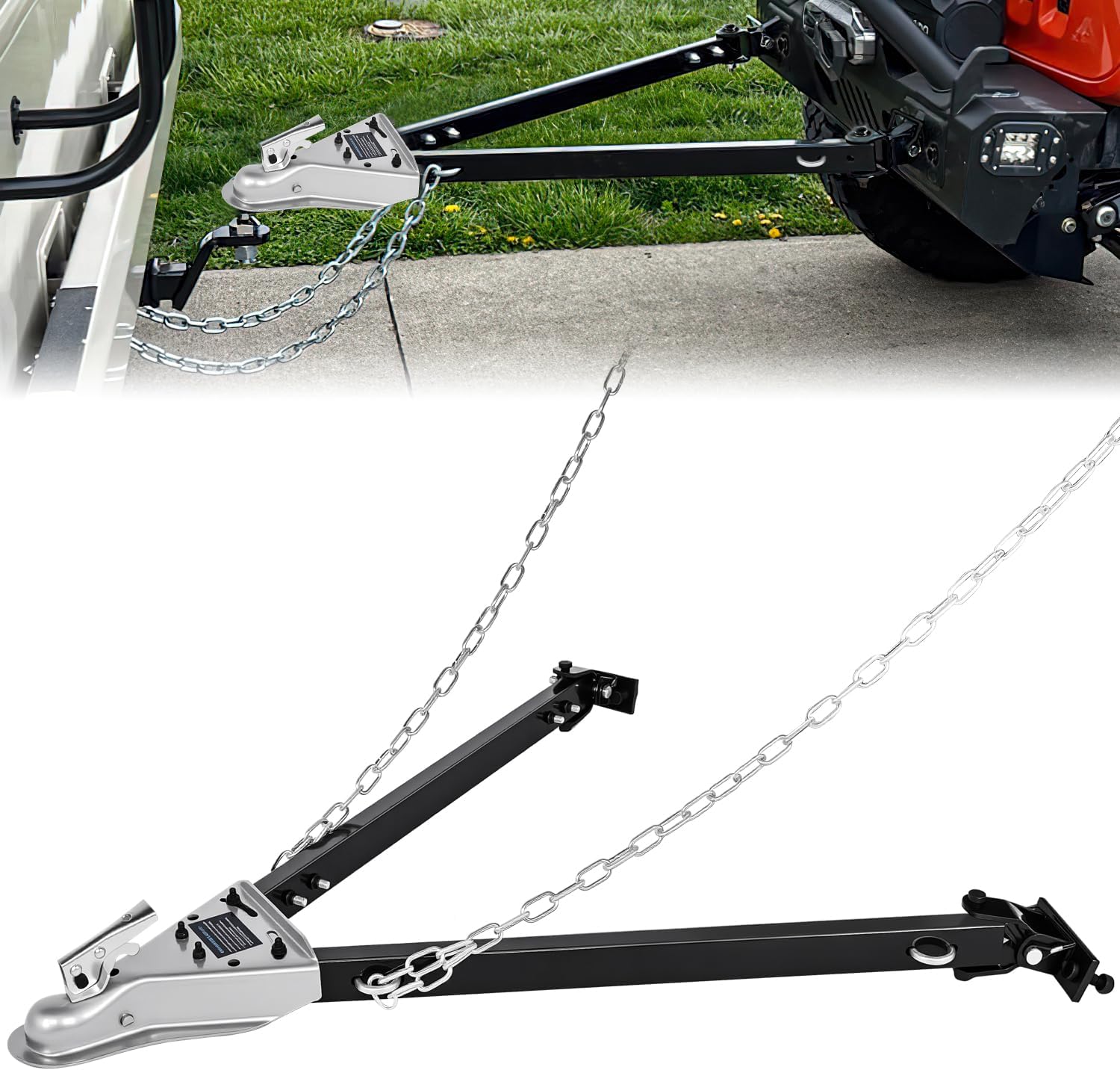 Tow Bar with Safety Chains, Coupler Fits 2-Inch Hitch Ball, 5500 lbs Towing Capacity, 41-in Opening Width, Bumper-Mounted Universal Towing Bar for RV, Car, Trailer, Truck, Alloy Steel