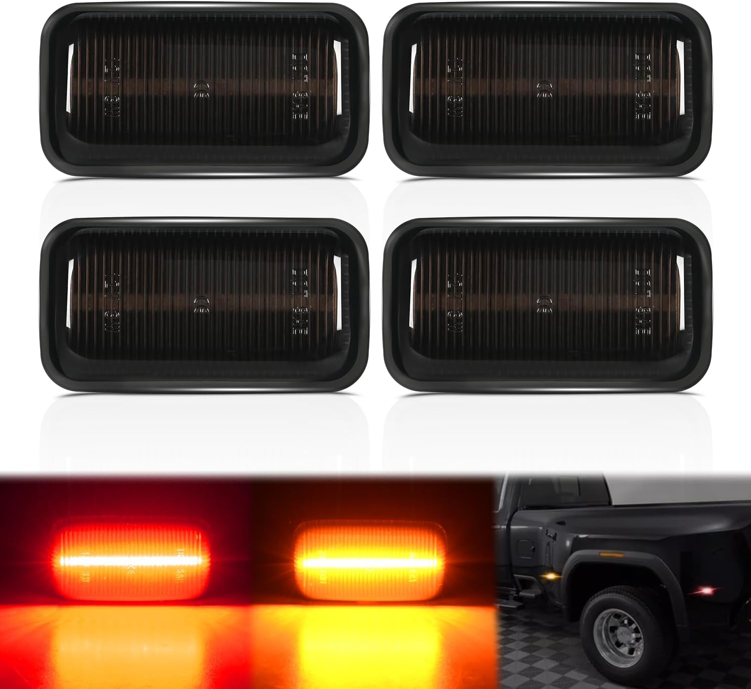 Fender Side Marker Lights 4 PCS 21 LED Smoke Lens Red Amber Front Rear Clearance Light Compatible with 2015-2022 Chevy Silverado GMC Sierra 2500HD 3500HD Dual Wheeler Trucks