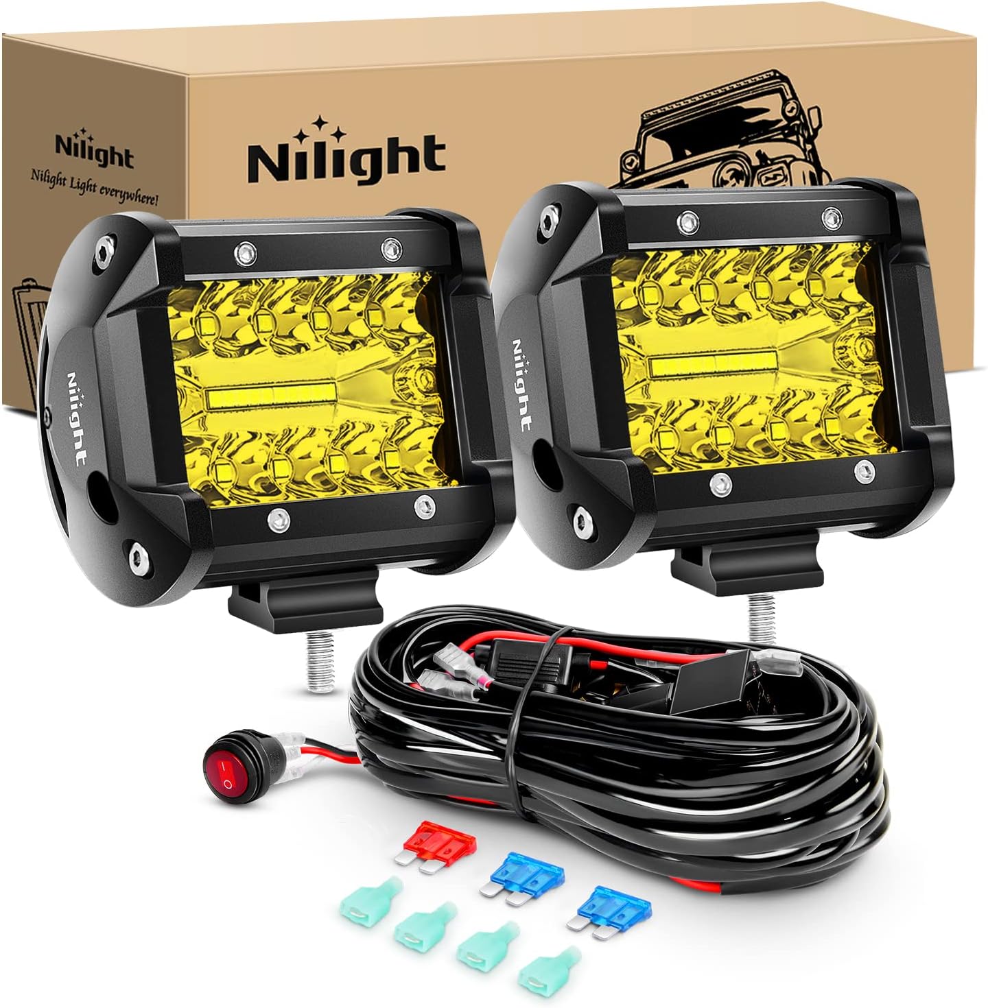 2PC 4Inch Yellow Led Pods Triple Row 60W Flood Spot Combo Driving Fog Lights with 16AWG Switch Wiring Harness Kit-2 Leads for Offroad Pickup Trucks ATV UTV SUV