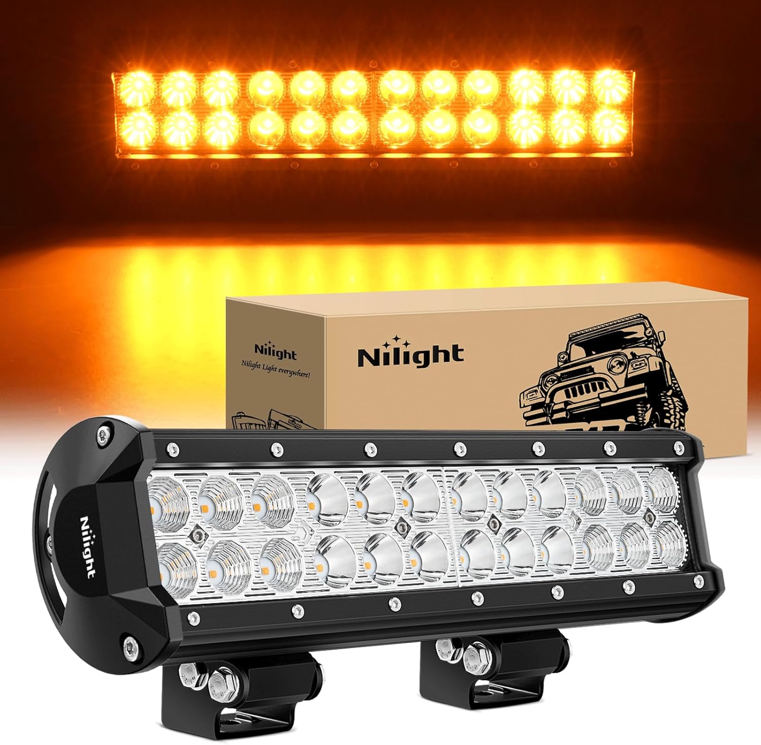 LED Light Bar 12 Inch 72W Spot Flood Combo Amber Beam Off Road Lamp Fishing Hunting Emergency Deck Work Lighting for Trucks UTV Pick-up Van Boat Tractor