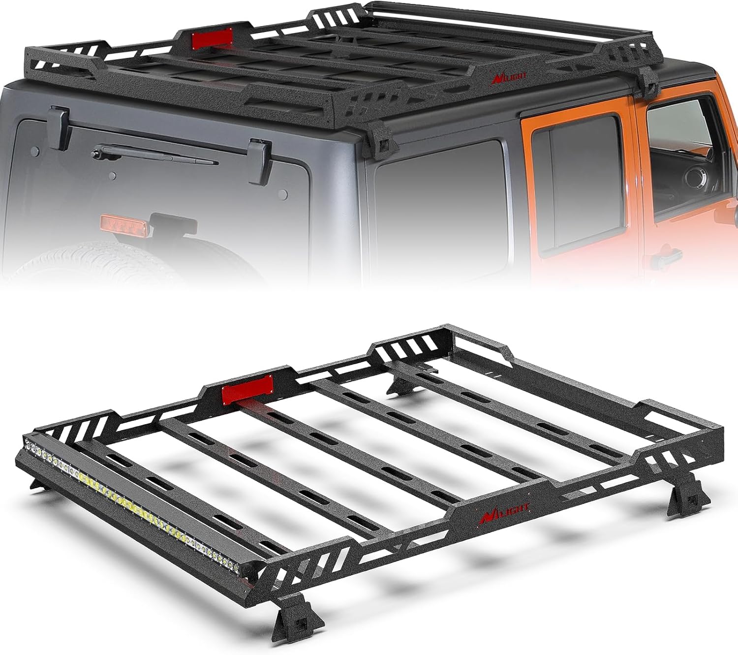 Roof Rack Cargo Basket with LED Light Bar Compatible with 2007-2026 Wrangler JK JL Unlimited & Gladiator JT 4 Door Hardtop, JKU JLU Luggage Rooftop Storage Carrier