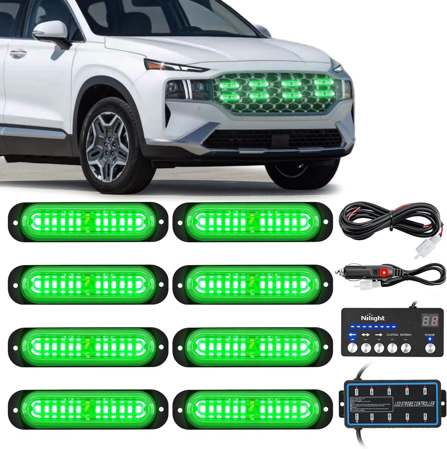 8PCS Led Strobe Lights with Controller 12V 24V Sync Feature Green Strobe Light 12 LED Surface Mount Emergency Hazard Warning Lights with Strobe Controller for Vehicle Car Truck RV ATV