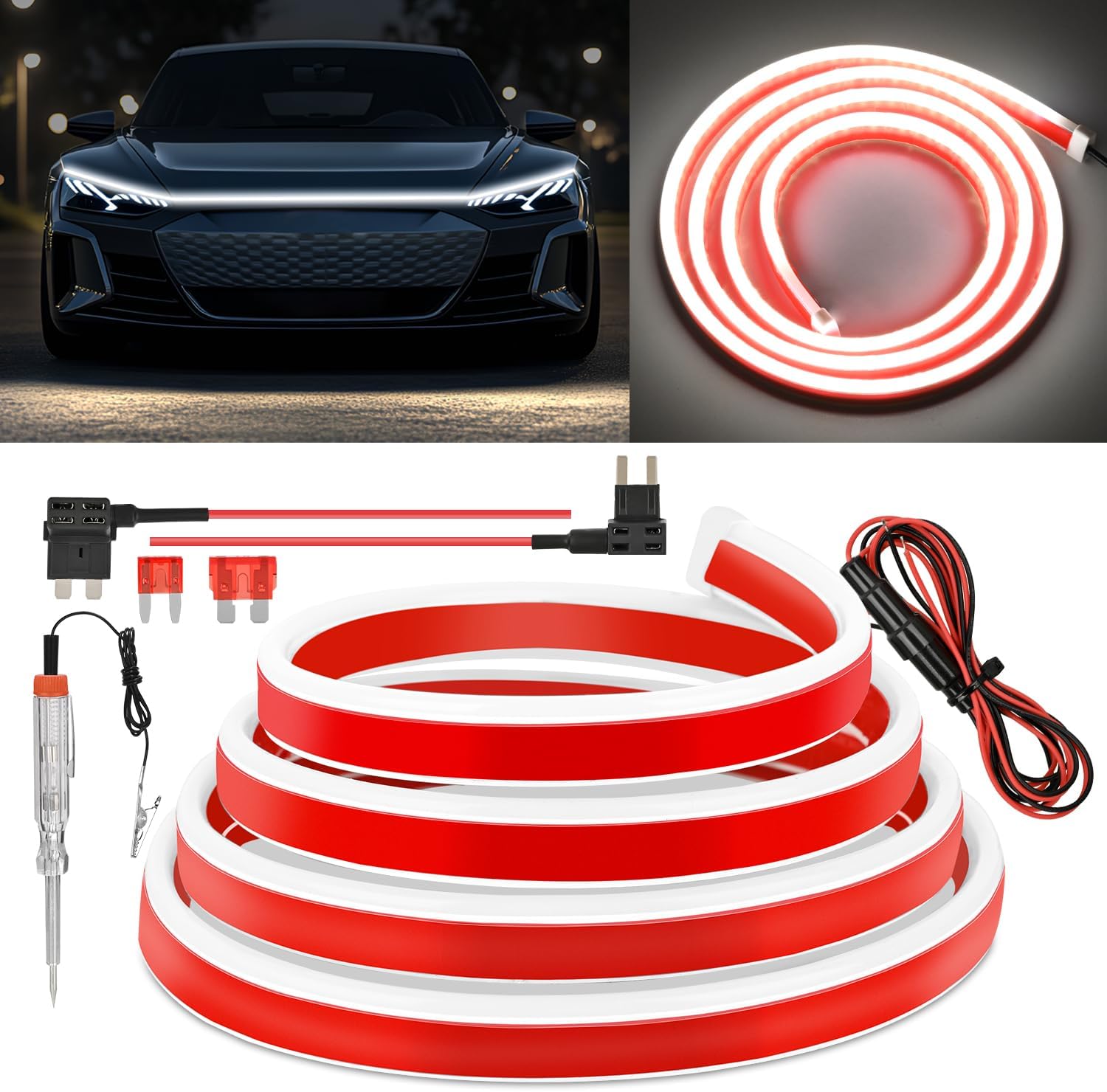 LED Hood Light Strip, 79Inch Flexible Car Hood Light Waterproof Dynamic Startup Daytime Running Light for Cars, SUVs, Trucks, White