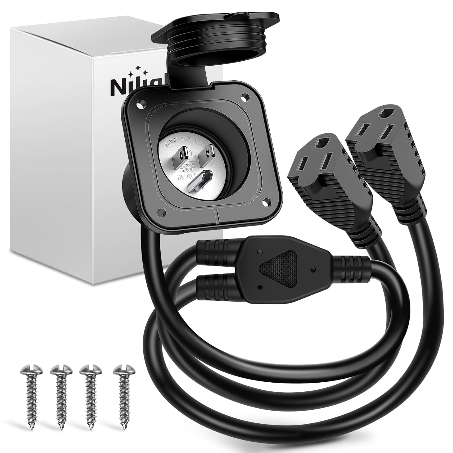 15 AMP RV Power Flanged Inlet 125V AC Port Shore Receptacle with Extension Cord ETL Listed NEMA 5-15P Plug (2) 5-15R Female Outlet for Camper Generator Shed Motorhome