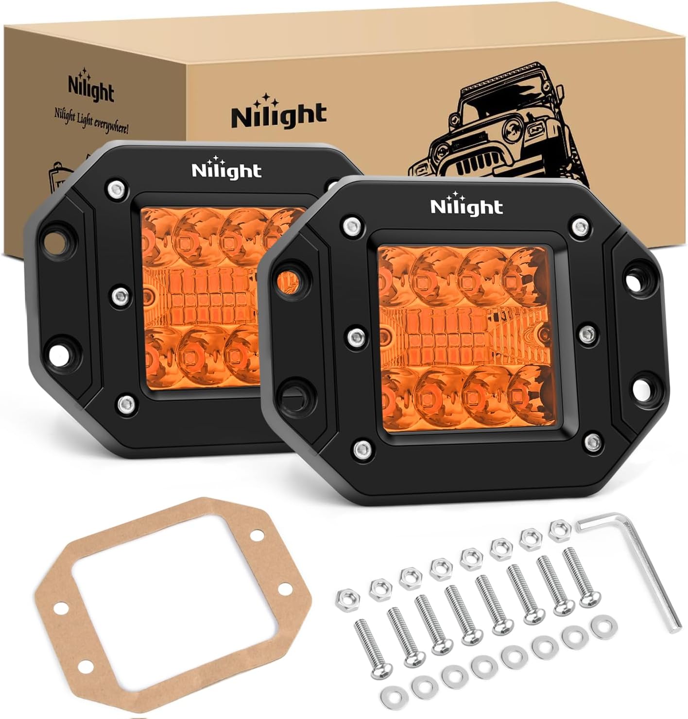 Flush Mount LED Light Pods 2 PCS 42W Amber Upgraded Spot Flood Combo Driving Fog Lights Off Road Lights Bumper LED Work Light for Truck SUV ATV UTV Pickup Van Boat Tractor