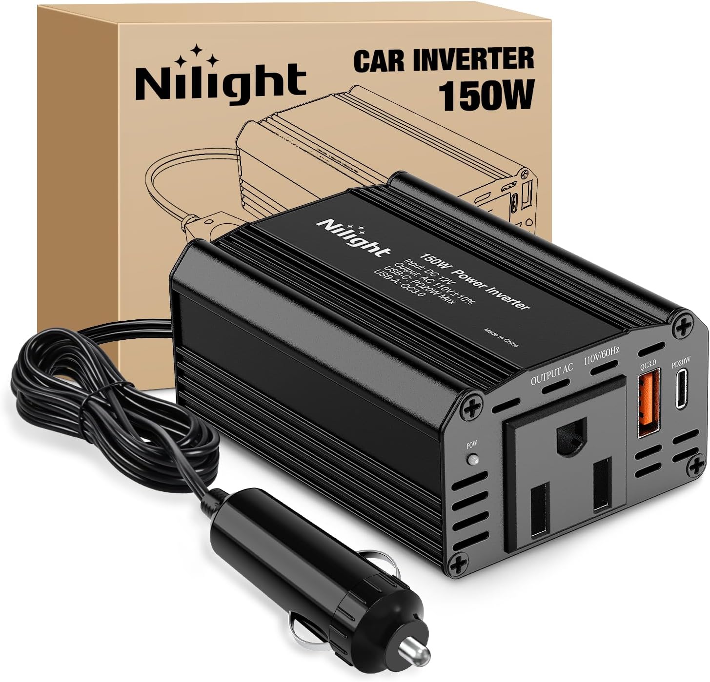 150W Power Inverter 12V DC to 110V AC Car Converter with PD 30W USB C & QC3.0 for Phones Tablets Laptop Computer Game Console Kindle iPad DVD Players Black