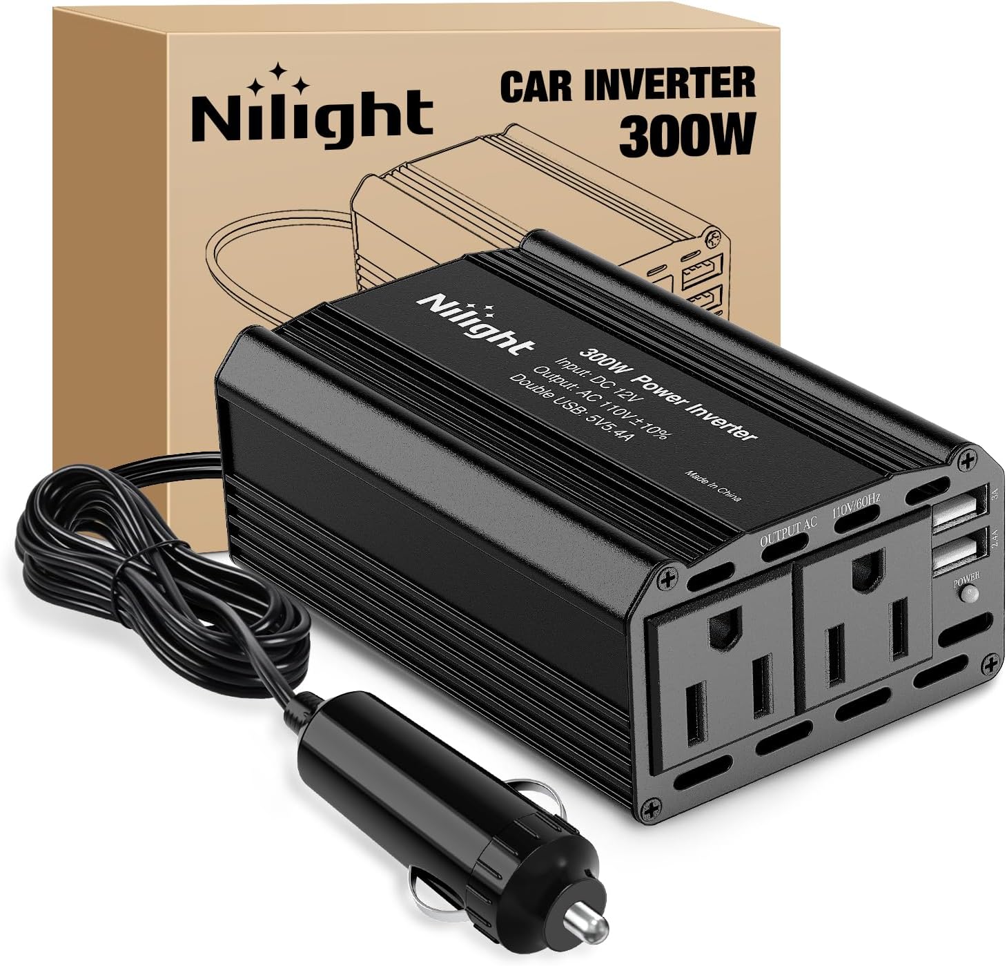 300W Power Inverter 12V DC to 110V AC Car Charger Converter with 5.4A Dual USB Ports and 2 AC Outlets for Phones Tablets Laptop Computer Game Console Kindle iPad DVD Players Black