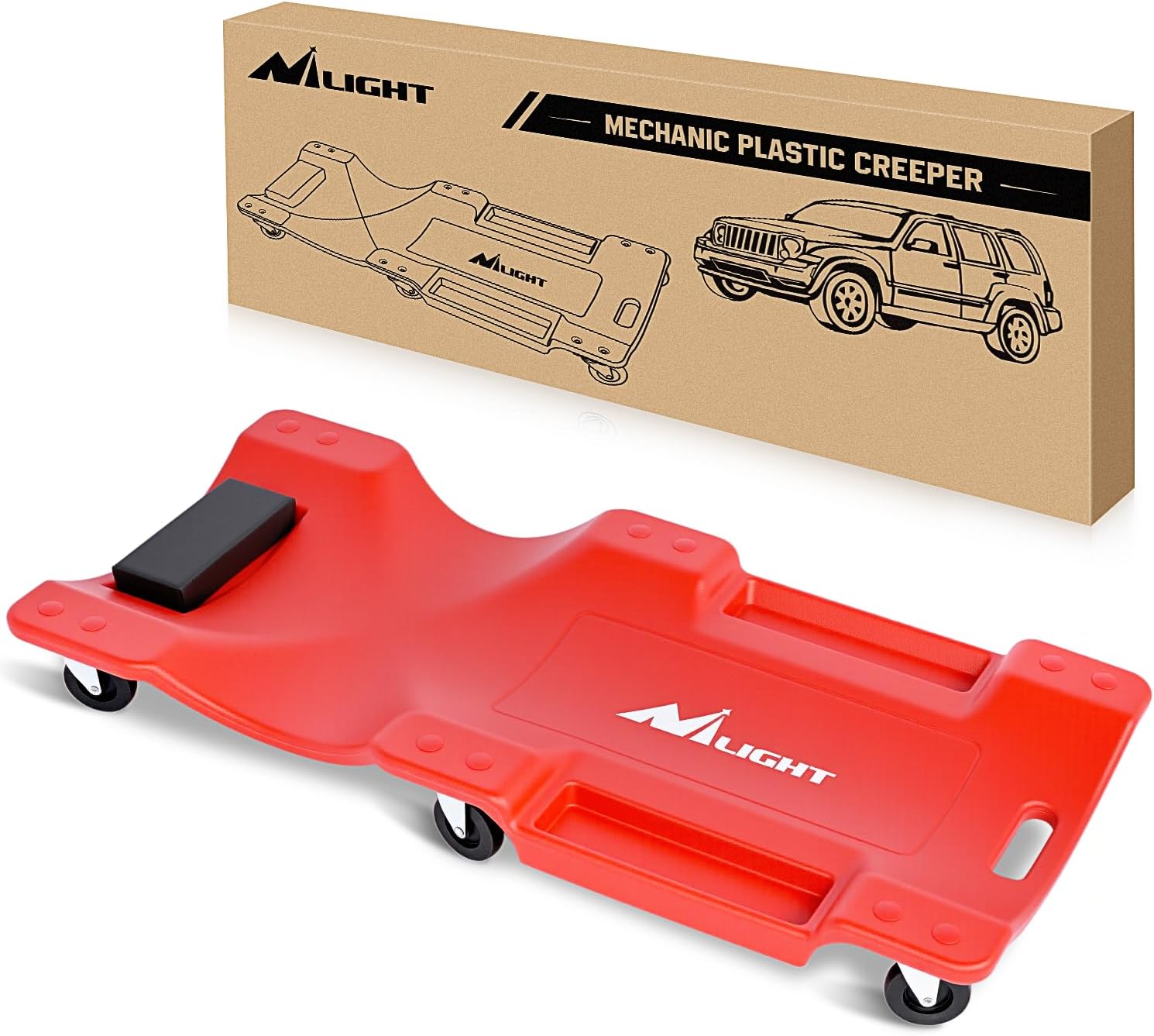 40 Inch Mechanic Plastic Creeper - 40 Inches Heavy Duty Shop Creeper with Padded Headrest and 6 Casters, 350 lbs Capacity, Red