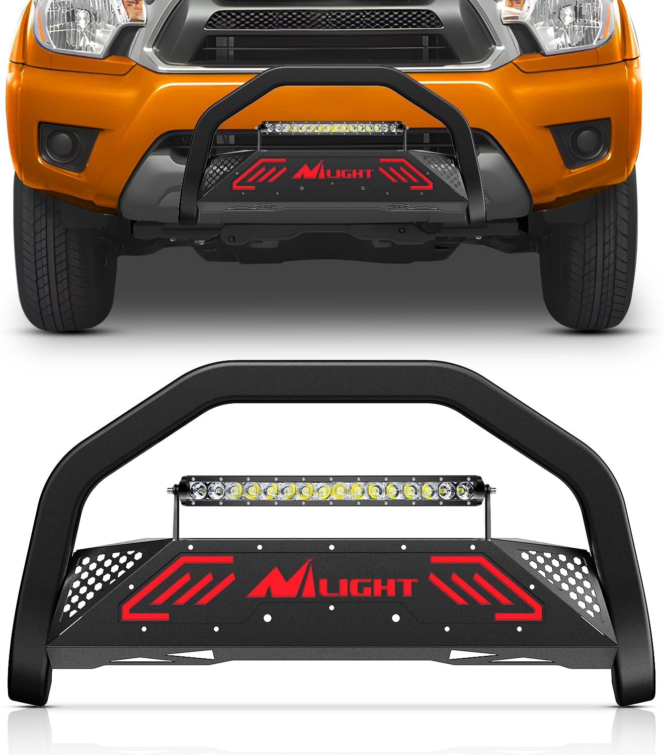 Bull Bar with Light Bar & License Plate Hole Compatible with Toyota Tacoma 2005-2015 Truck Brush Guard, Front Bumper Push Bar w/Grille Skid Plate Light Mount