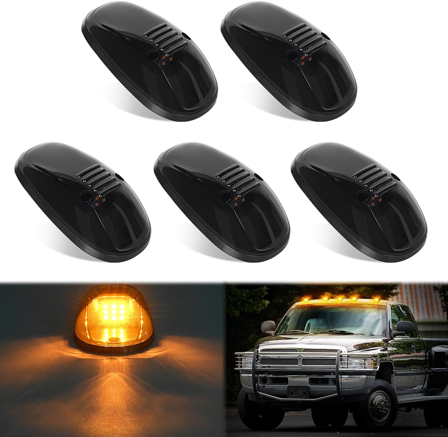 LED Cab Marker Lights 5 PCS 9 LED Smoke Lens Amber Roof Running Clearance Light Compatible with 1999 2000 2001 2002 Dodge Ram 2500 3500 Pickup Trucks