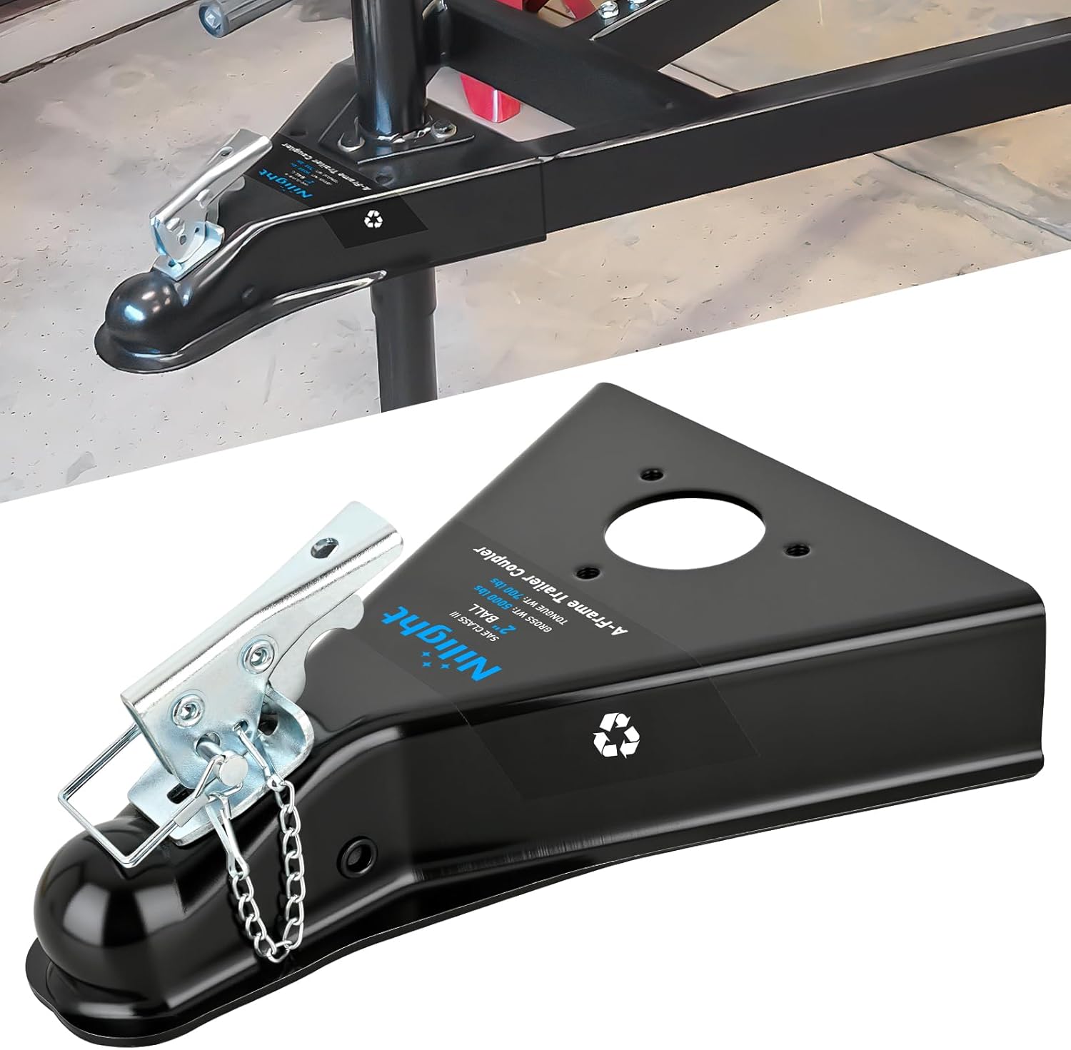 Class III A-Frame Trailer Coupler with Security Latch&Chain fits 2-Inch Hitch Ball for Pickup Trucks, RV, Boat, Camper, 5000LBS Capacity, Black Powder Coated