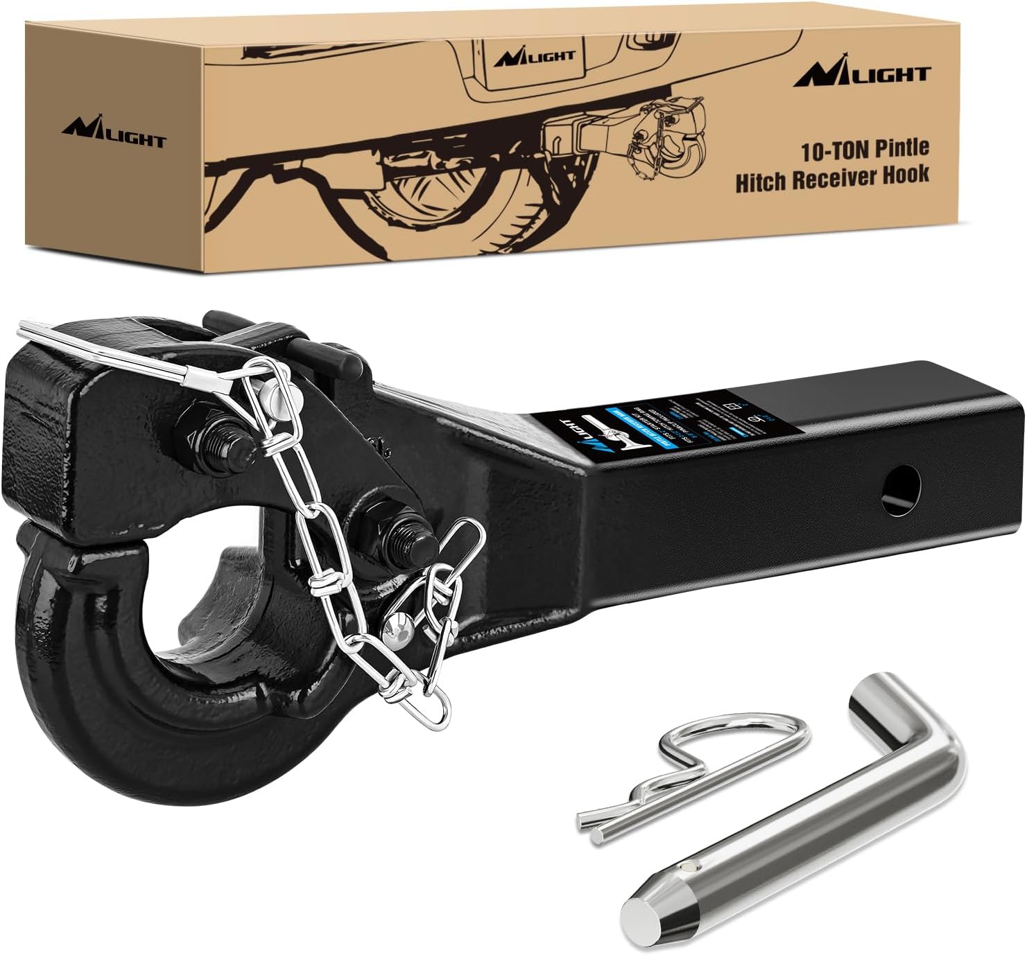 10-TON Pintle Hitch for 2-Inch Receiver Hook Military Receiver 20000LBS,Fits 2-1/2 in Lunette Ring, Gloss Black Powder Coat